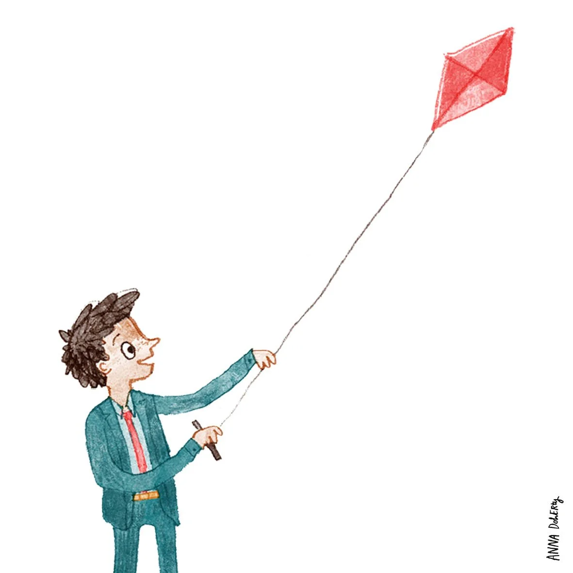 A young boy in a blue suit flying a red kite.