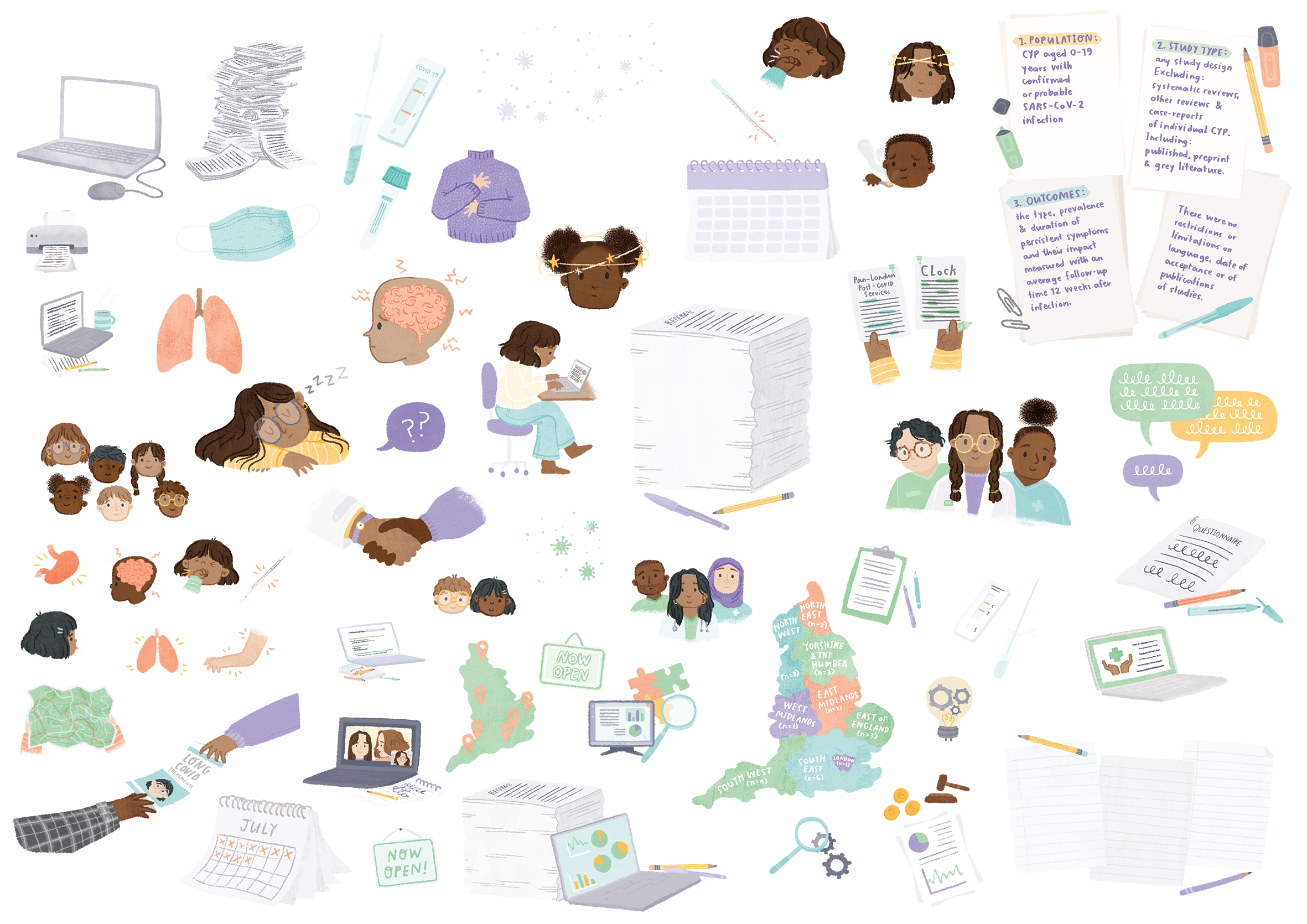 Illustration of a busy workspace with multiple people working, studying, and surrounded by papers, books, screens, and various office supplies. There are charts, maps, and notes related to COVID-19 research and scientific studies.