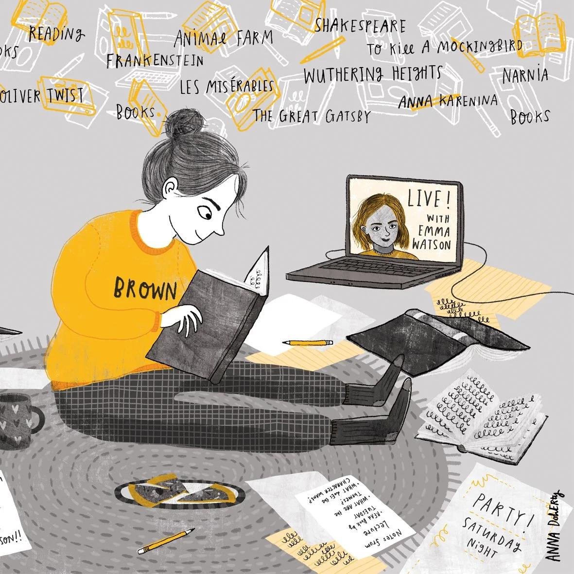 A girl sitting cross-legged on the floor surrounded by books, papers, and writing materials, watching a virtual event on her laptop screen featuring a woman with red hair. The background has a repeating pattern of books and titles like 'Animal Farm,' 'Les Misérables,' and 'The Great Gatsby.'