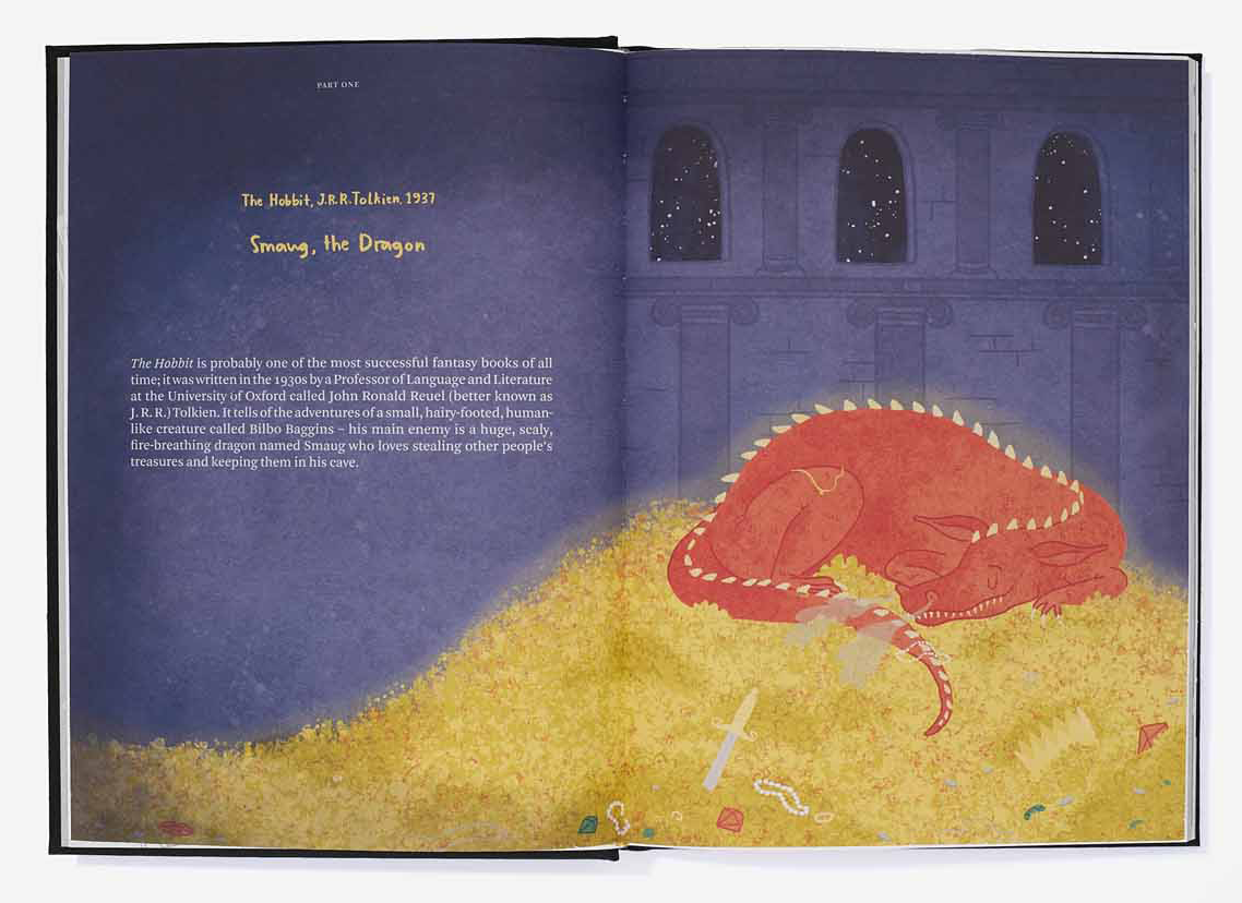 Illustration of two red dragons lying on a bed of gold coins and treasure, with a palace wall and starry sky in the background. The left page contains text about J.R.R. Tolkien's 'The Hobbit.'