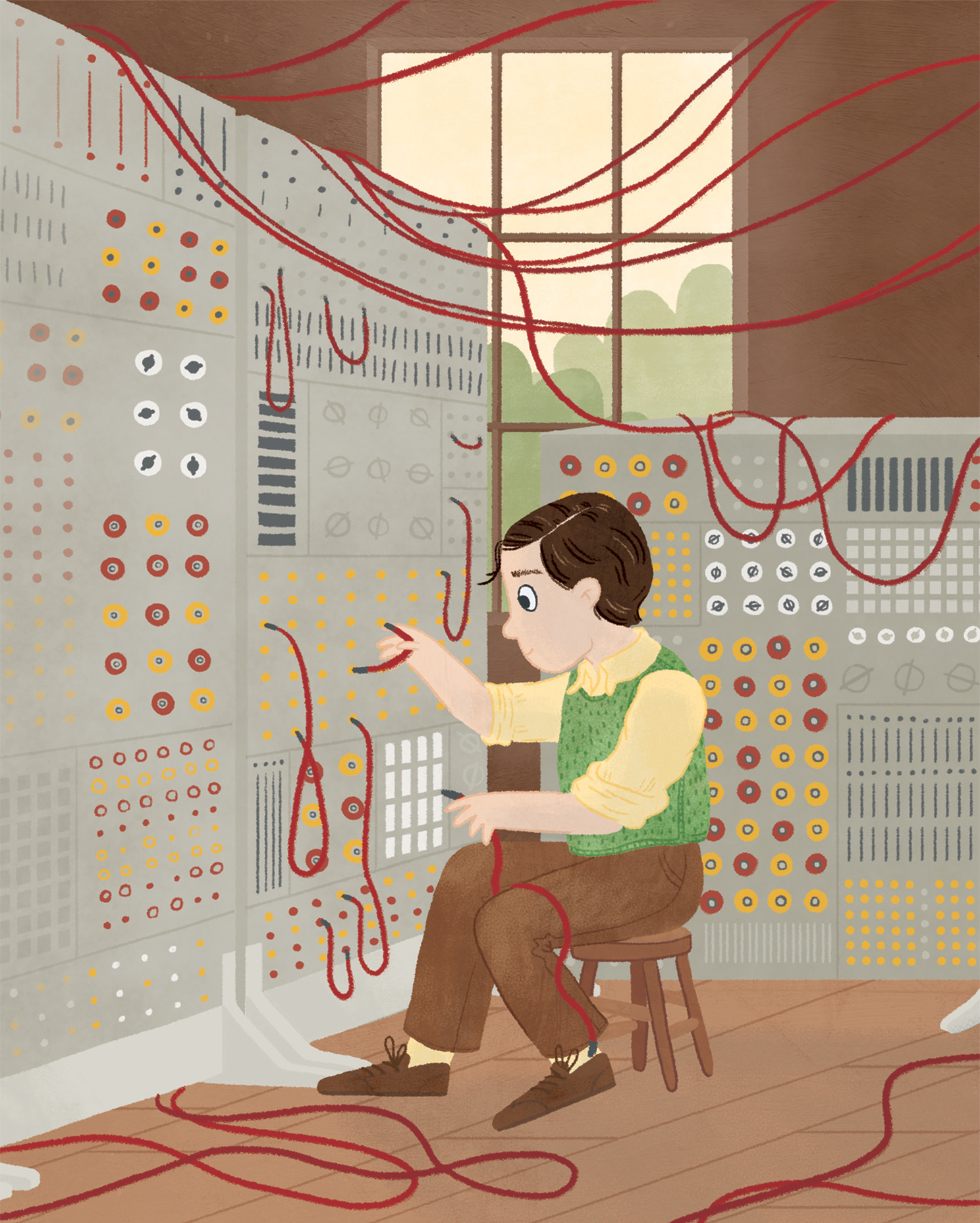 A young boy sitting on a stool entangles red and black wires connected to a large vintage electronic panel with numerous switches and dials, near a window with trees outside.