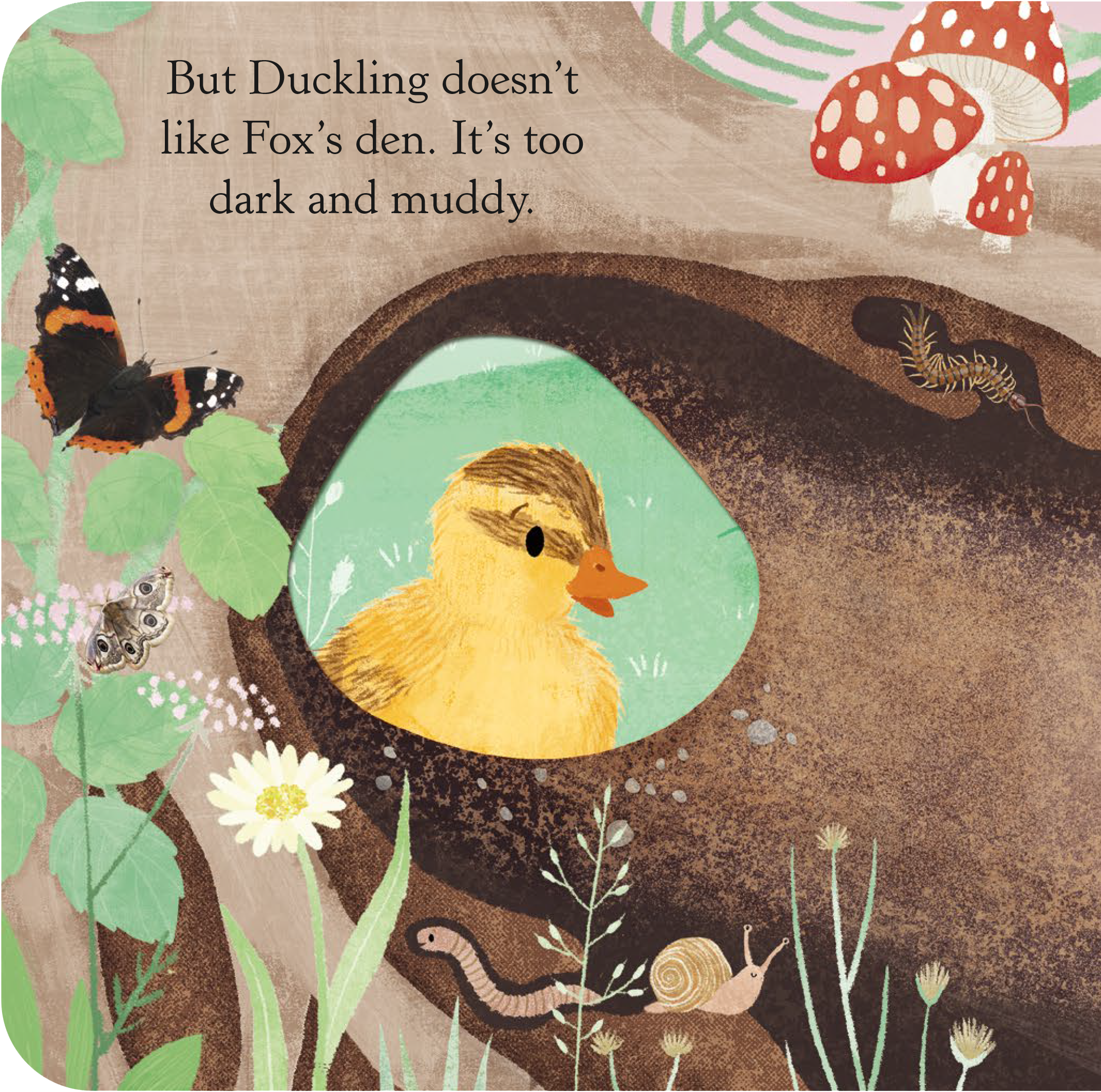 Illustration of various animals including butterflies, caterpillars, and a duckling among plants and mushrooms with a quote about ducklings.