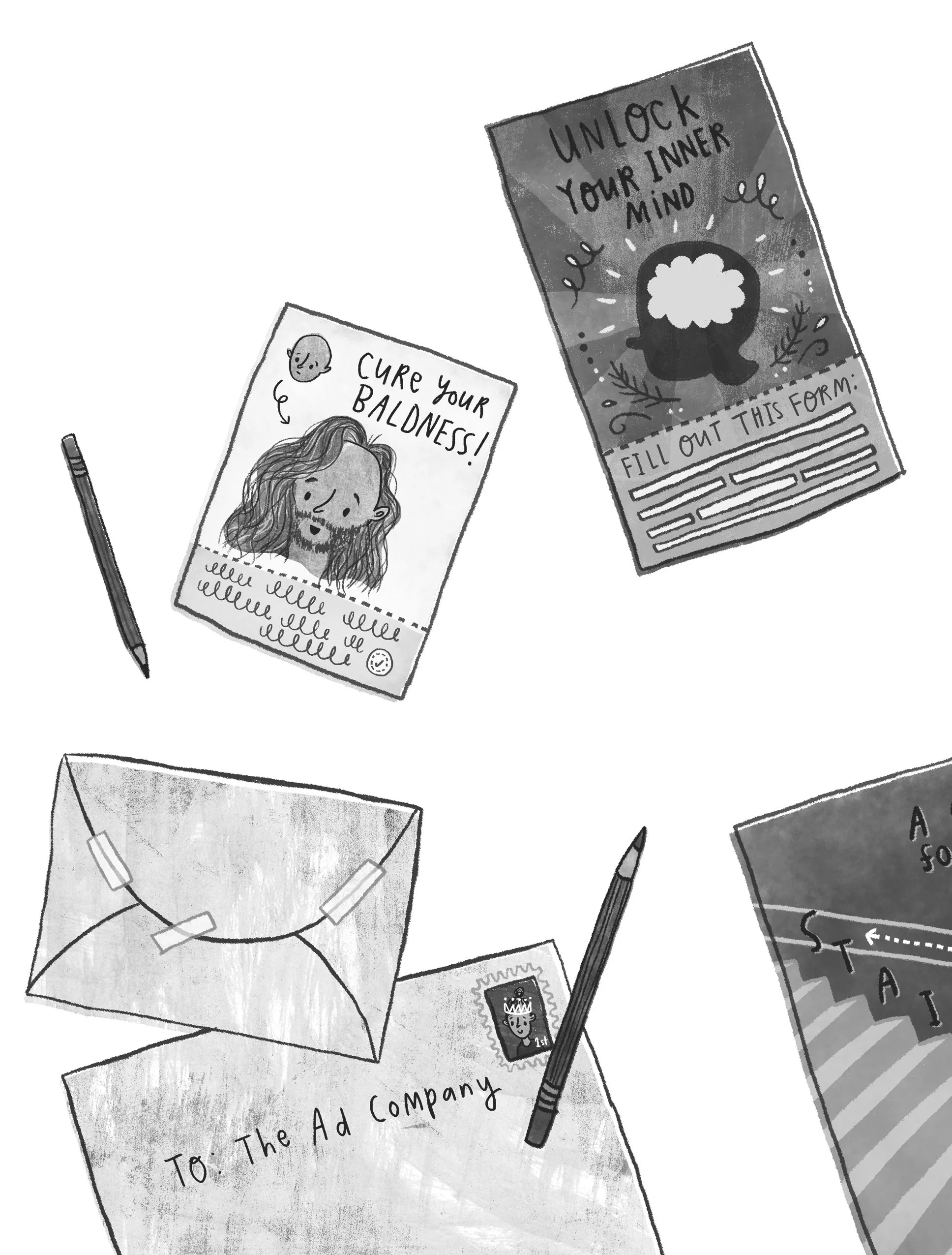 Black and white illustration of various paper notes, a pen, and envelopes on a table.