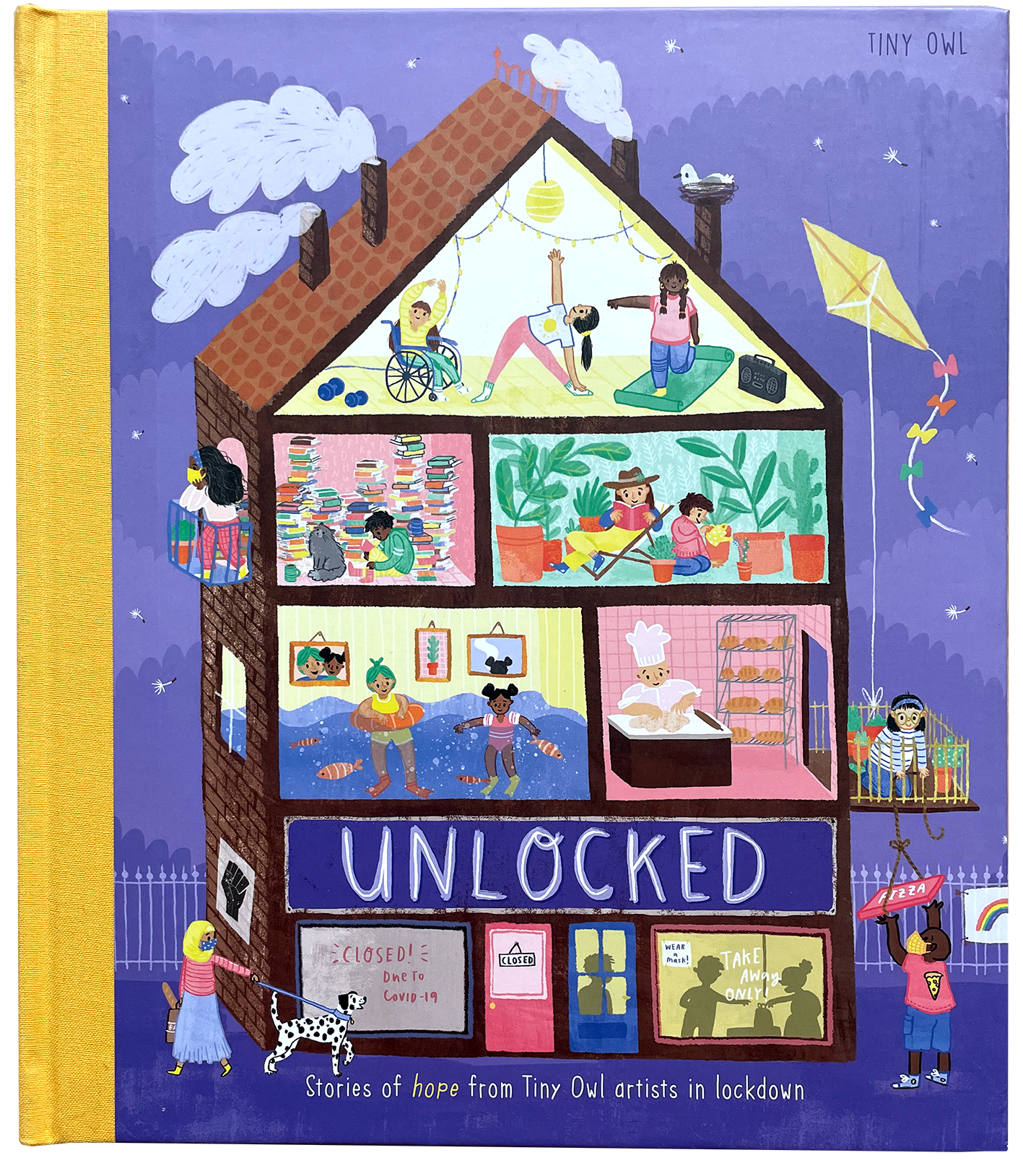 A colorful illustration of a house with four floors, depicting children and adults engaging in various activities during lockdown. The top floor features children doing yoga, a child in a wheelchair, and a girl with a boombox in a yellow-lit room with string lights. The second floor shows a girl reading amidst a large pile of books, and a person gardening. The third floor has children swimming in an indoor pool. The lowest floor shows a bakery with a baker, and a girl with a dog out front. A person is flying a kite outside the house, and the scene includes a sign indicating the house is "UNLOCKED."