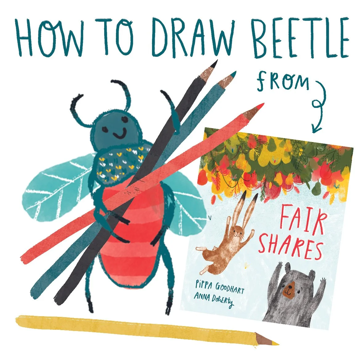 Book cover titled 'How to draw beetle from fair shares' with an illustration of a beetle and a book titled 'Fair Shares' by Pippa Goodhart and Anna Doherty.