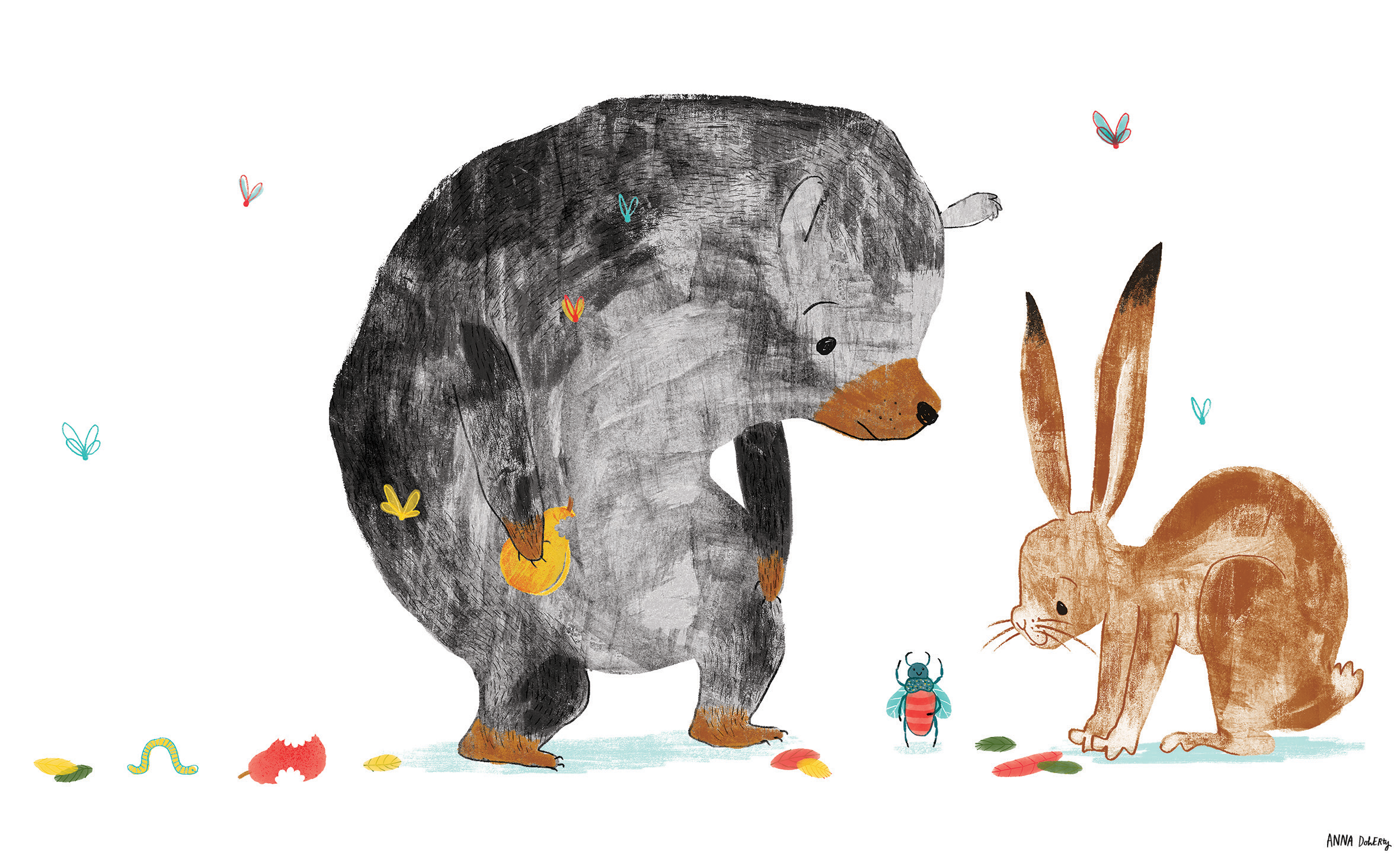 Illustration of a bear and a bunny standing among colorful leaves, with small insects and bugs around them.