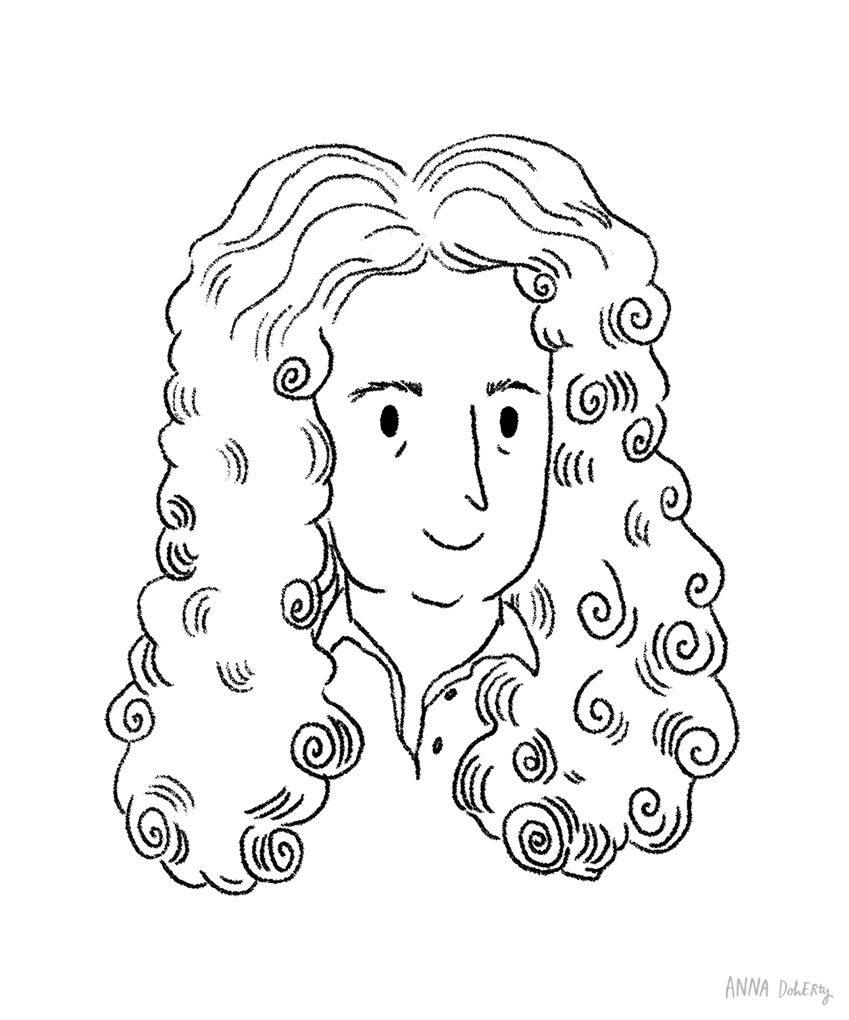 Black and white line drawing of a woman with long, curly hair, smiling and wearing a collared shirt.