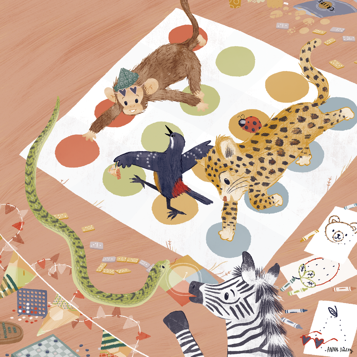 Illustration of a board game on a wooden table featuring a cheetah, a toucan, a monkey with a party hat, a ladybug, and a snake, surrounded by game pieces and drawings.