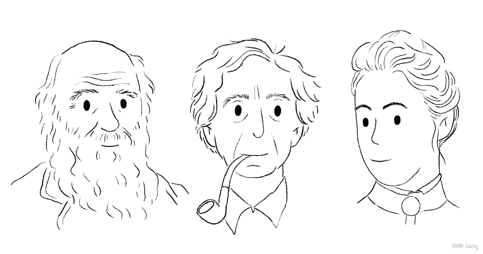 A black and white line drawing of three people, each with distinctive features: a bearded man with long hair on the left, a middle-aged man with wavy hair smoking a pipe in the center, and a woman with curly hair and a high collar on the right.