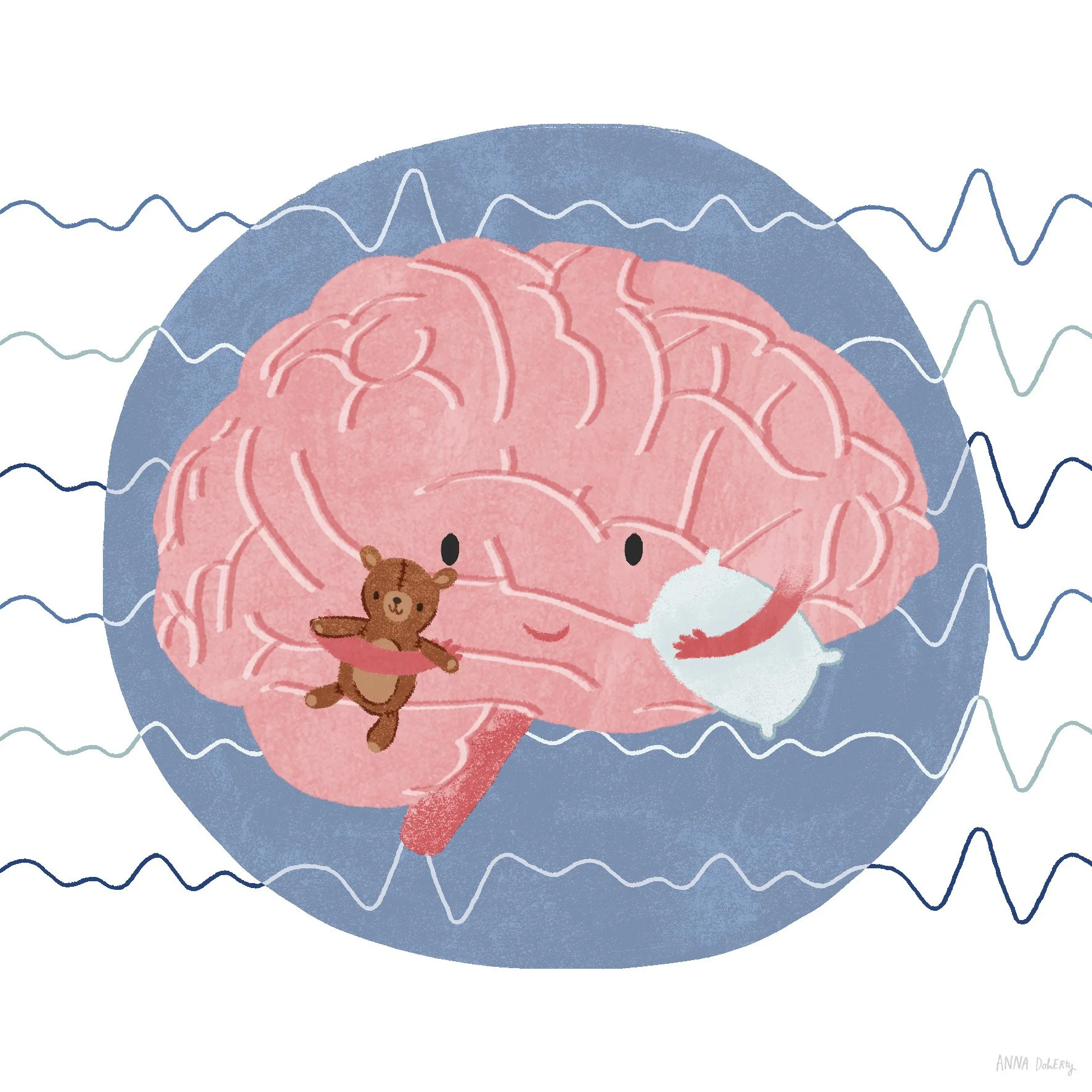 Illustration of a pink human brain with a teddy bear, a mask, and a heart inside it, surrounded by wavy lines and a blue background.