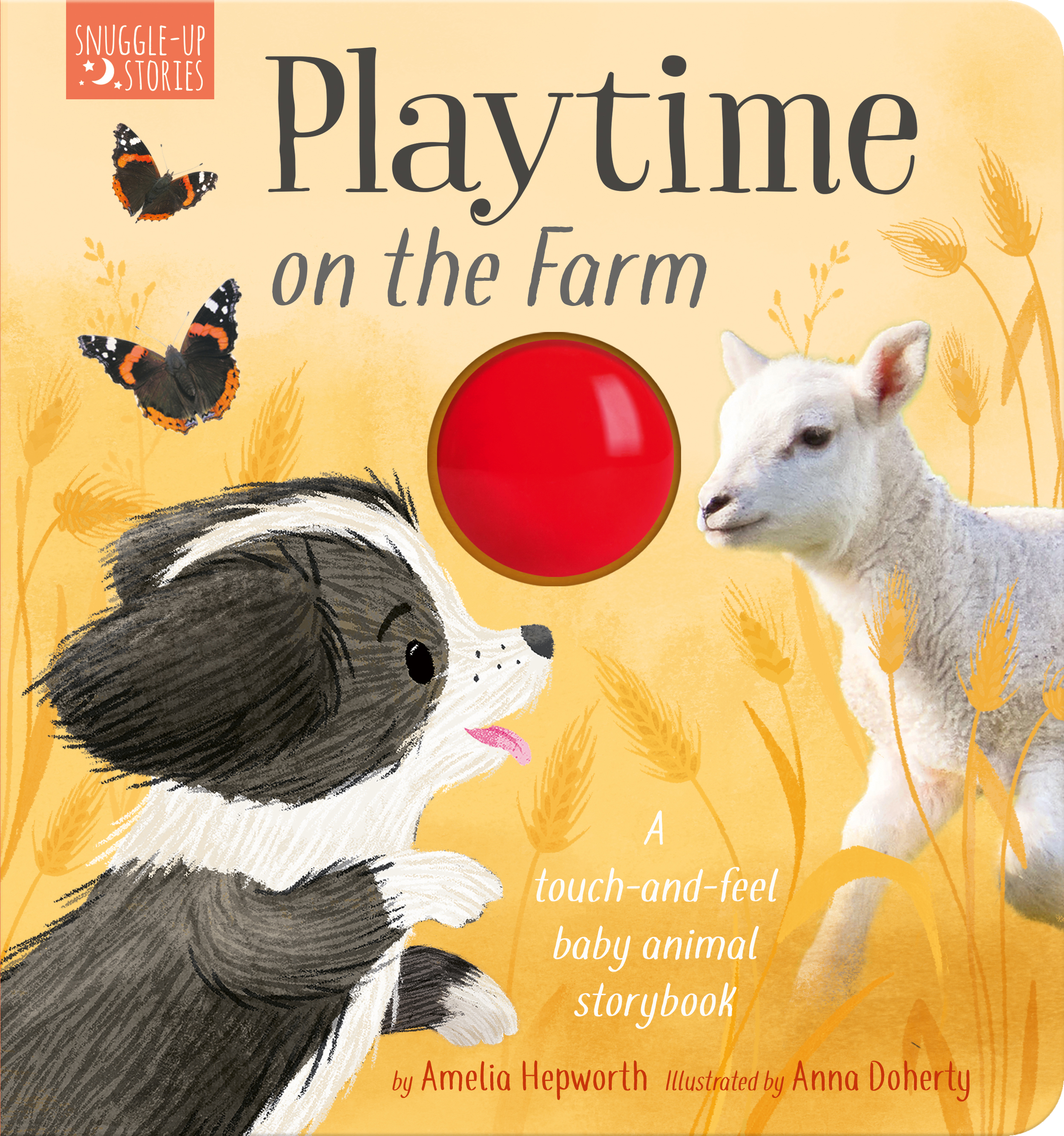 Cover of a children's book titled 'Playtime on the Farm' featuring an illustration of a black and white sheep with a red ball, illustrated by Anna Doherty. The background is yellow with wheat illustrations, and there are butterflies flying near the sheep.