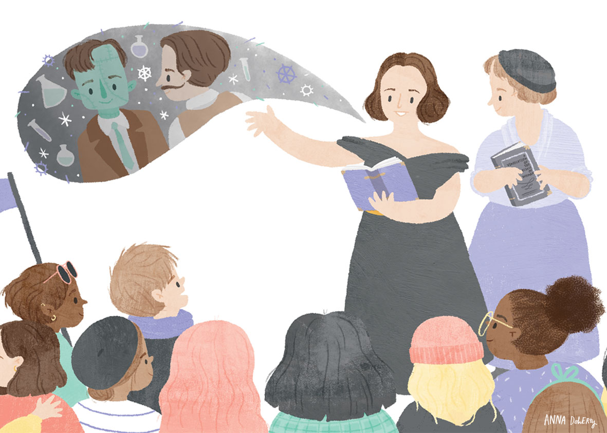 A woman giving a presentation to children about science and scientists, with a thought bubble showing a scientist working in a laboratory.