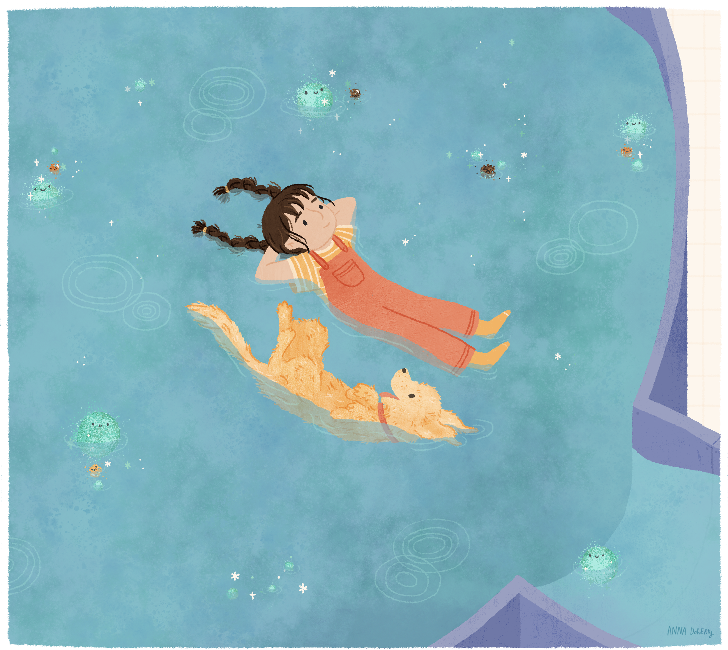 Illustration by Anna Doherty. Girl with braided hair and a dog float in a pool of water surrounded by chlorine chemicals