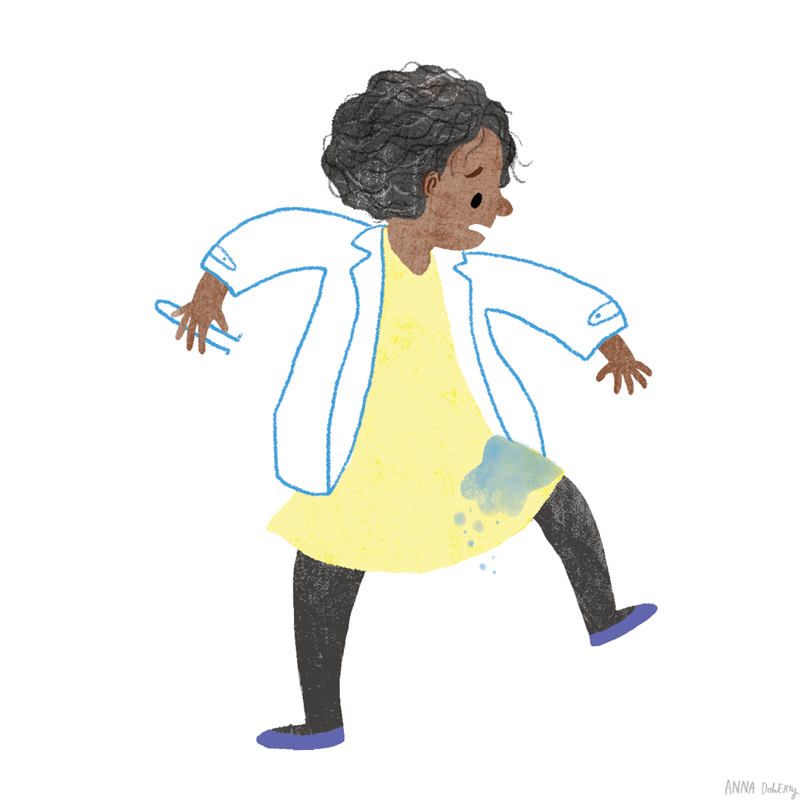 Illustration of a young girl standing with her arms out, wearing a yellow dress, black leggings, and a white lab coat with blue lines, with a worried expression.