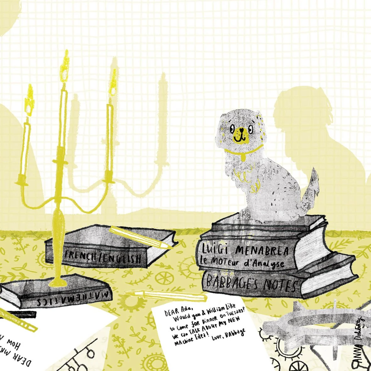 Illustration of a young person with glasses reading a note, with a cute puppy sitting on a stack of books labeled "Luigi Menabrea," "Babbage's Notes," and "Le Moteur d'Analyse." A yellow candelabrum, notebooks, notes, and a patterned tablecloth are also visible.