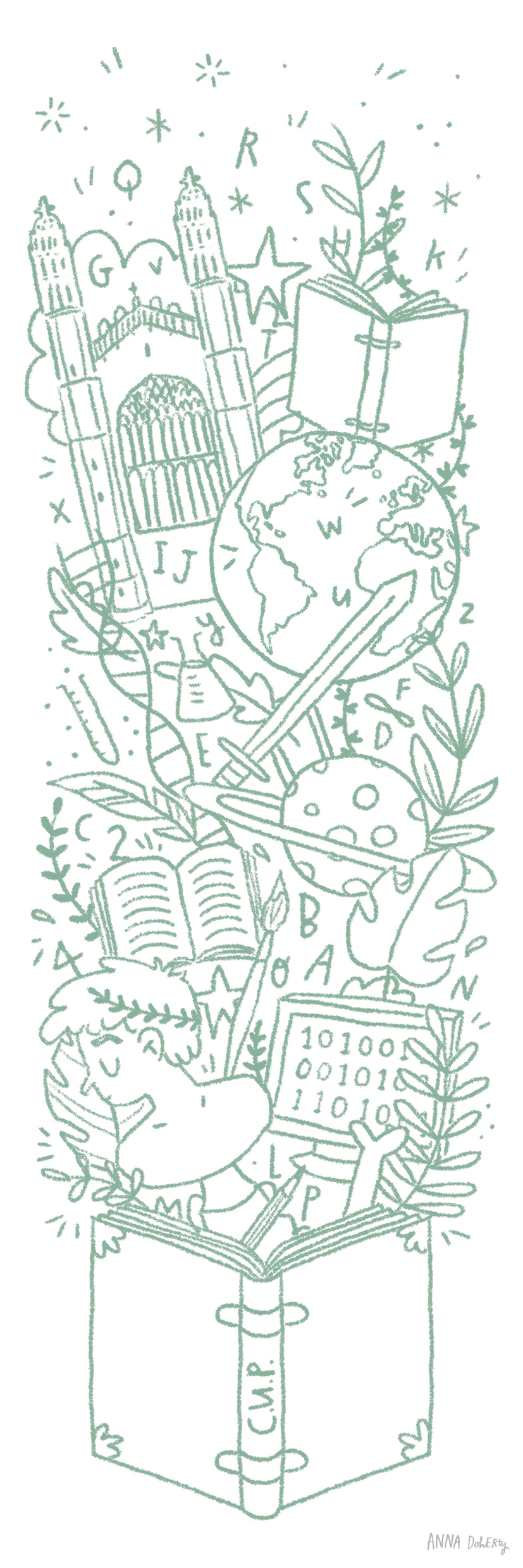 A whimsical line drawing featuring a large open book with 'C.M.P.' on the spine, surrounded by a globe, a knight's sword, planets, stars, buildings resembling a castle, and various academic and fantastical elements like books and trees, all interconnected with leaves and sparkles.
