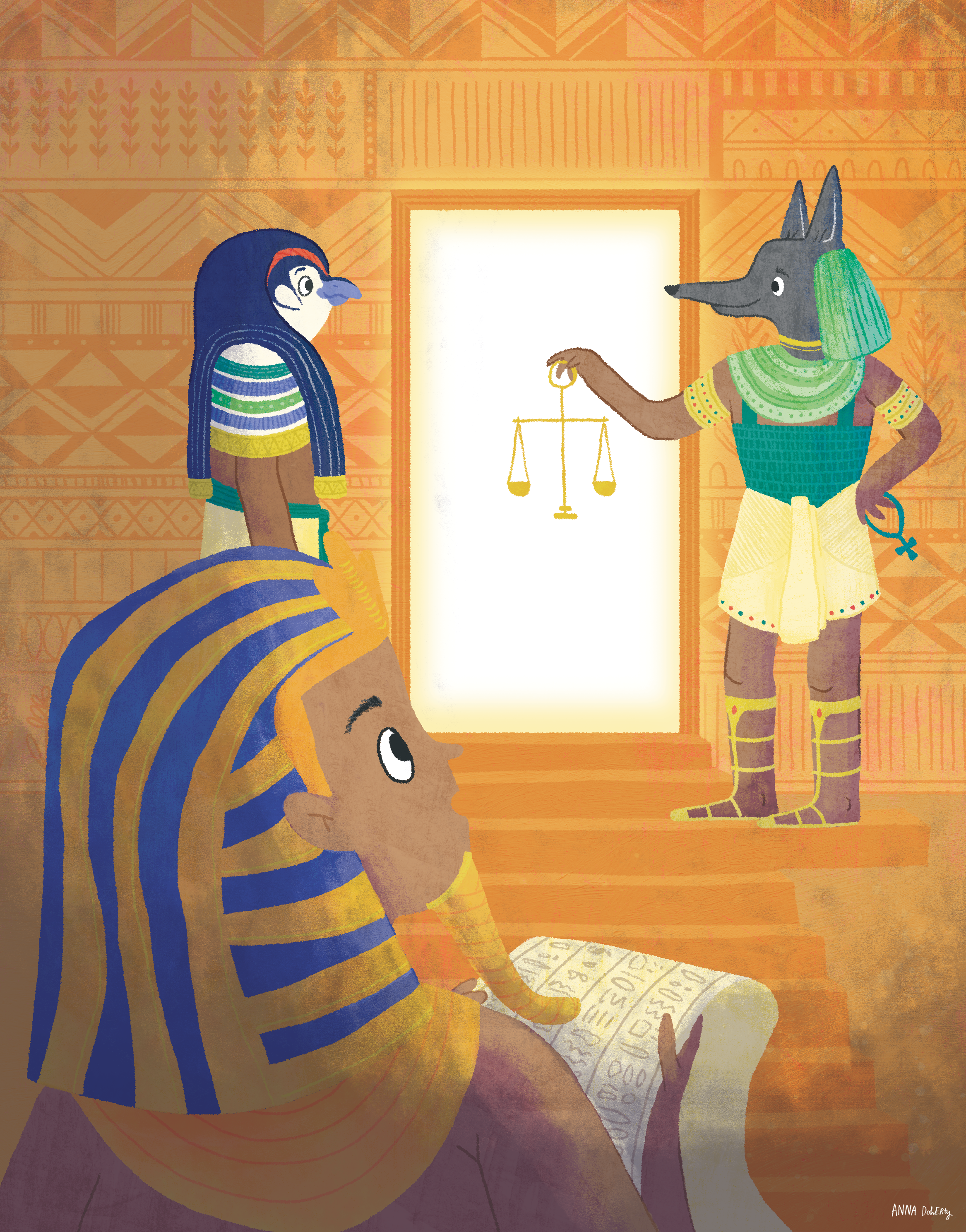 An illustration of an ancient Egyptian scene with a figure with a jackal head, wearing green and yellow clothing, holding a scale, and standing in front of a woman with long black hair, wearing a striped dress, inside a decorated room.