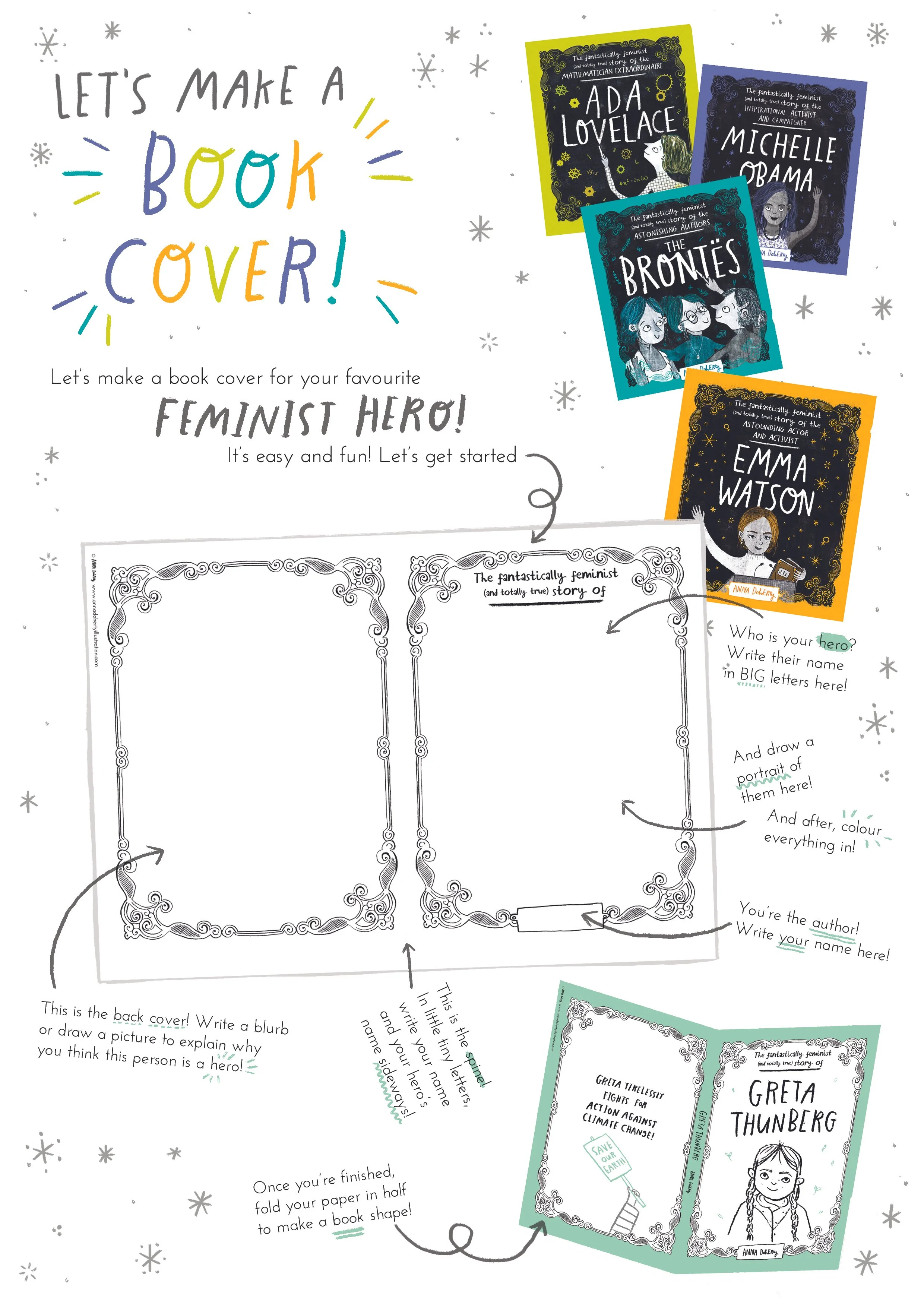 A printable activity sheet for creating a personalized book cover. It includes a blank front and back cover design, with prompts and space for drawing or writing about a hero, and instructions for folding the paper into a book shape.