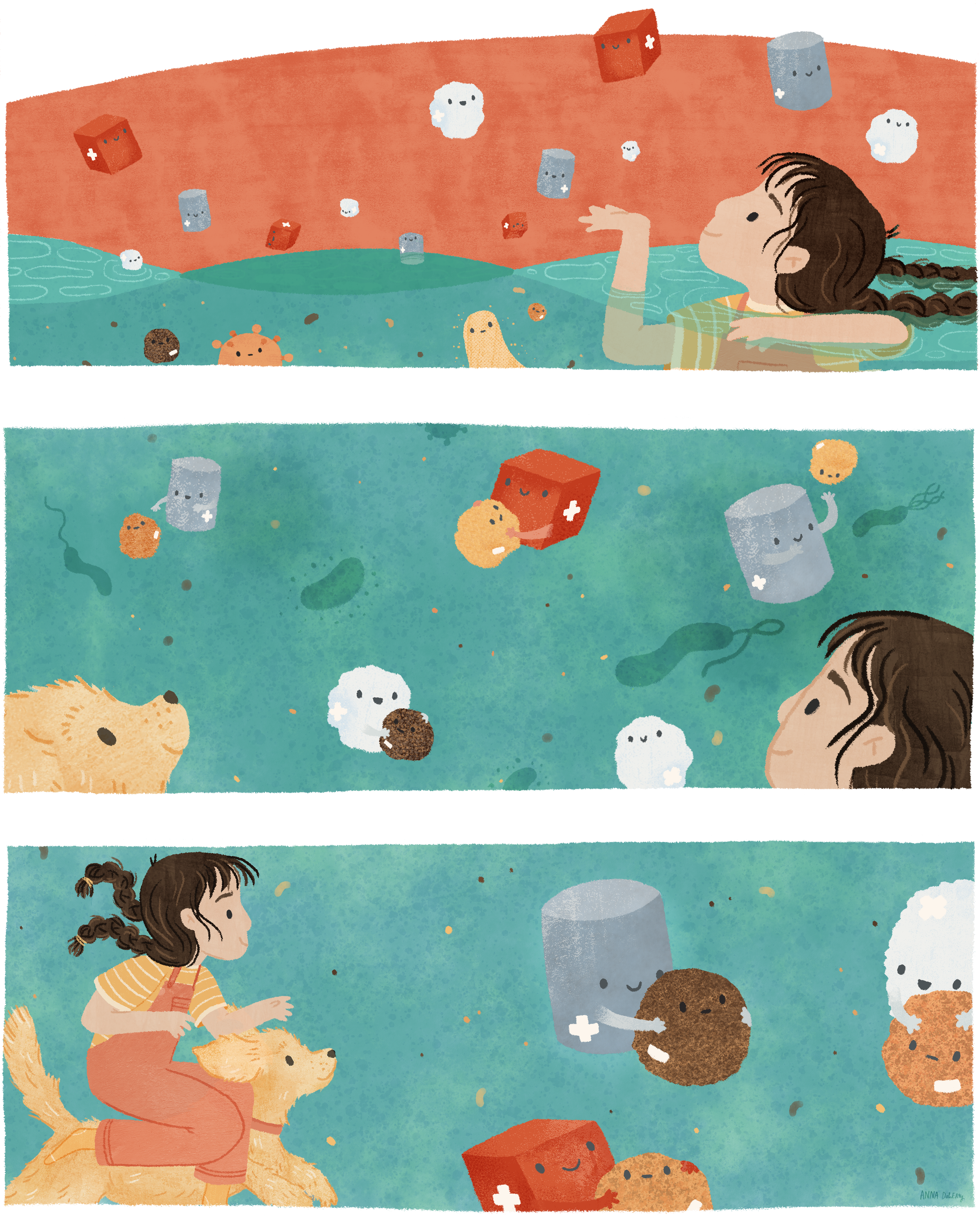 Illustration by Anna Doherty of comic book panels - girl with braided hair and a striped shirt floats on water, surrounded by smiling cartoon chemicals and bacteria, and her golden retriever dog.