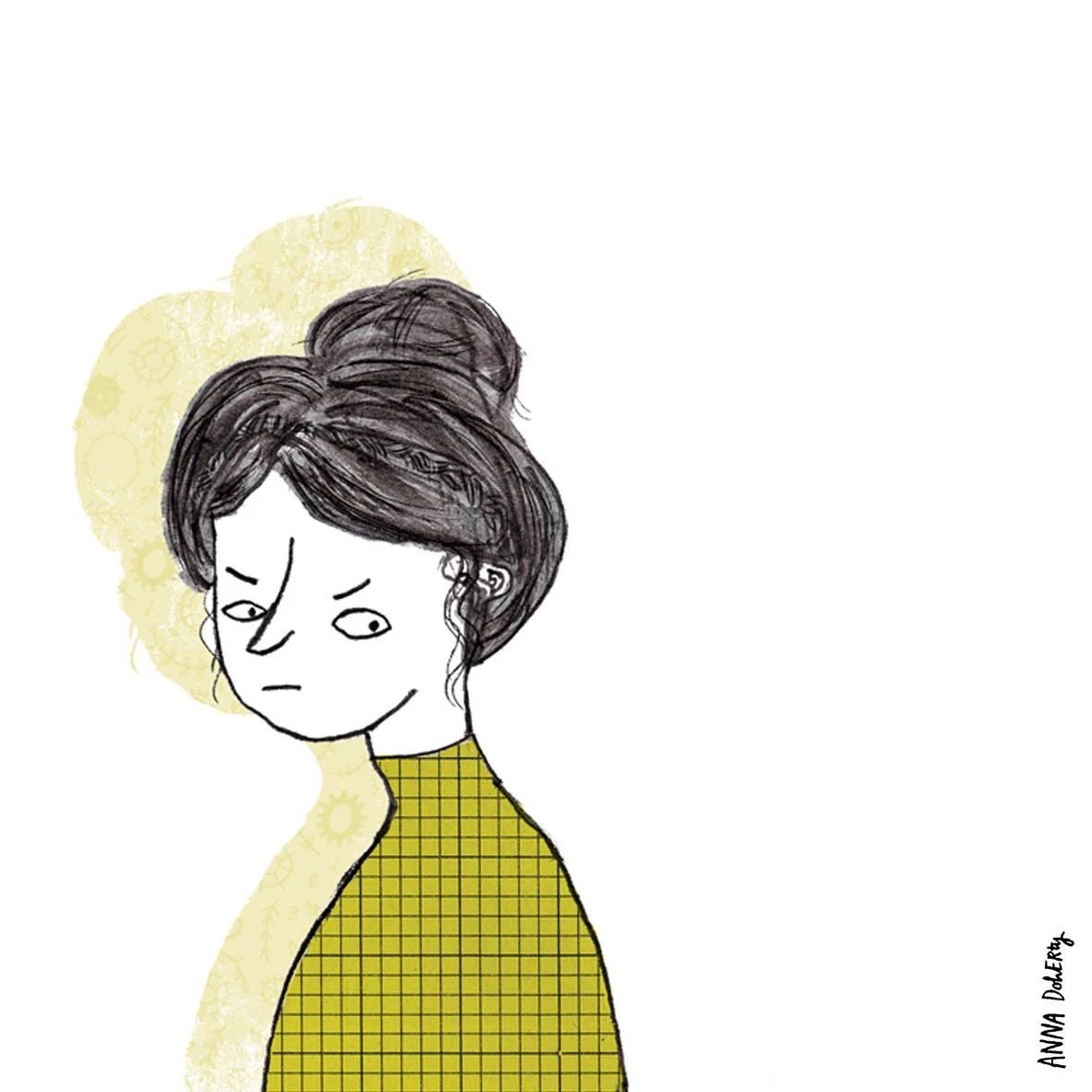 A hand-drawn illustration of a woman with a serious or slightly annoyed expression, with her hair styled in a voluminous bun, wearing a yellow checkered top, and a light yellow background with gear-like patterns.