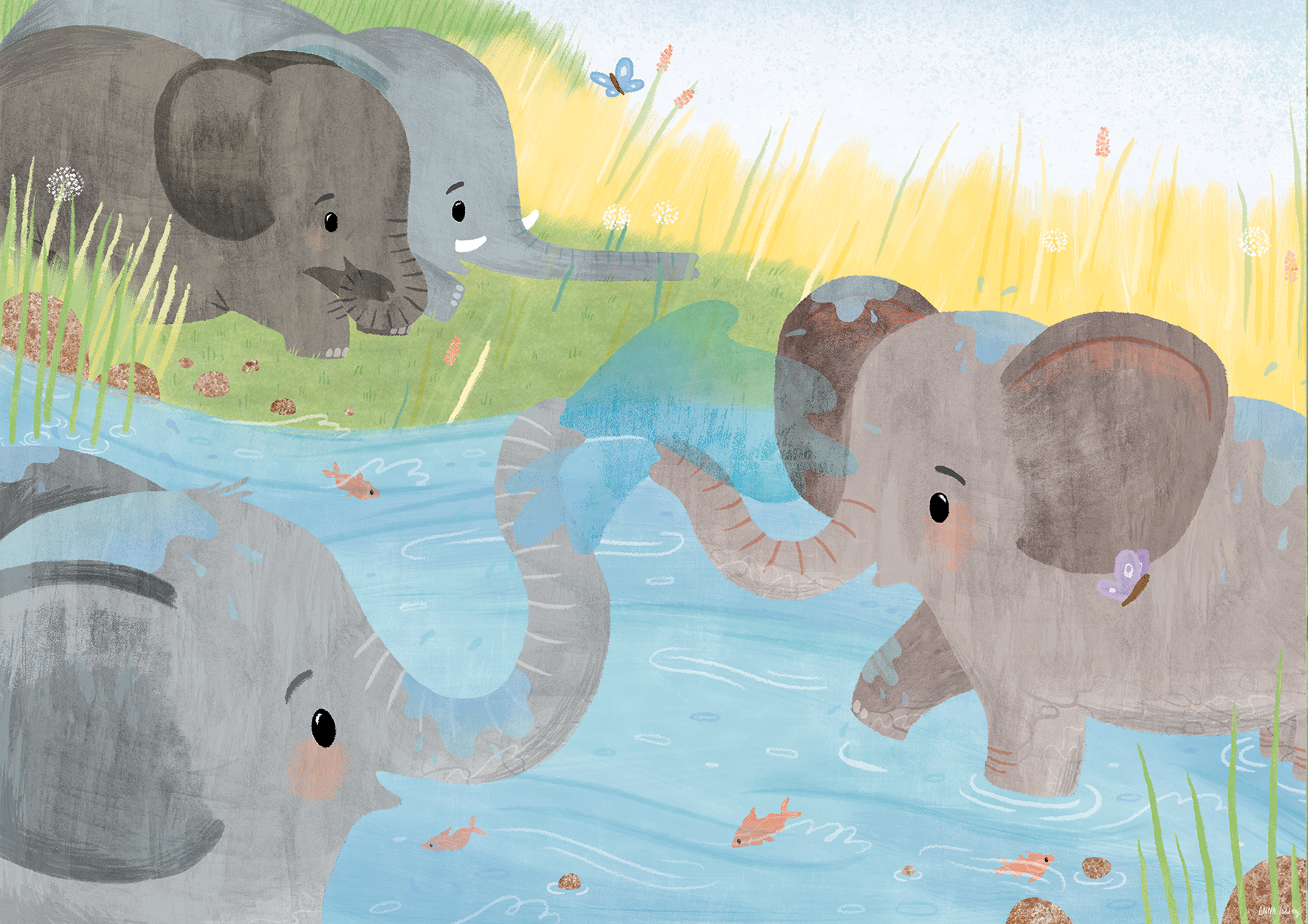 Illustration of two elephants in a river, with one smaller elephant on the bank. The scene includes fish in the water, grass, and flowers, with a butterfly flying overhead.