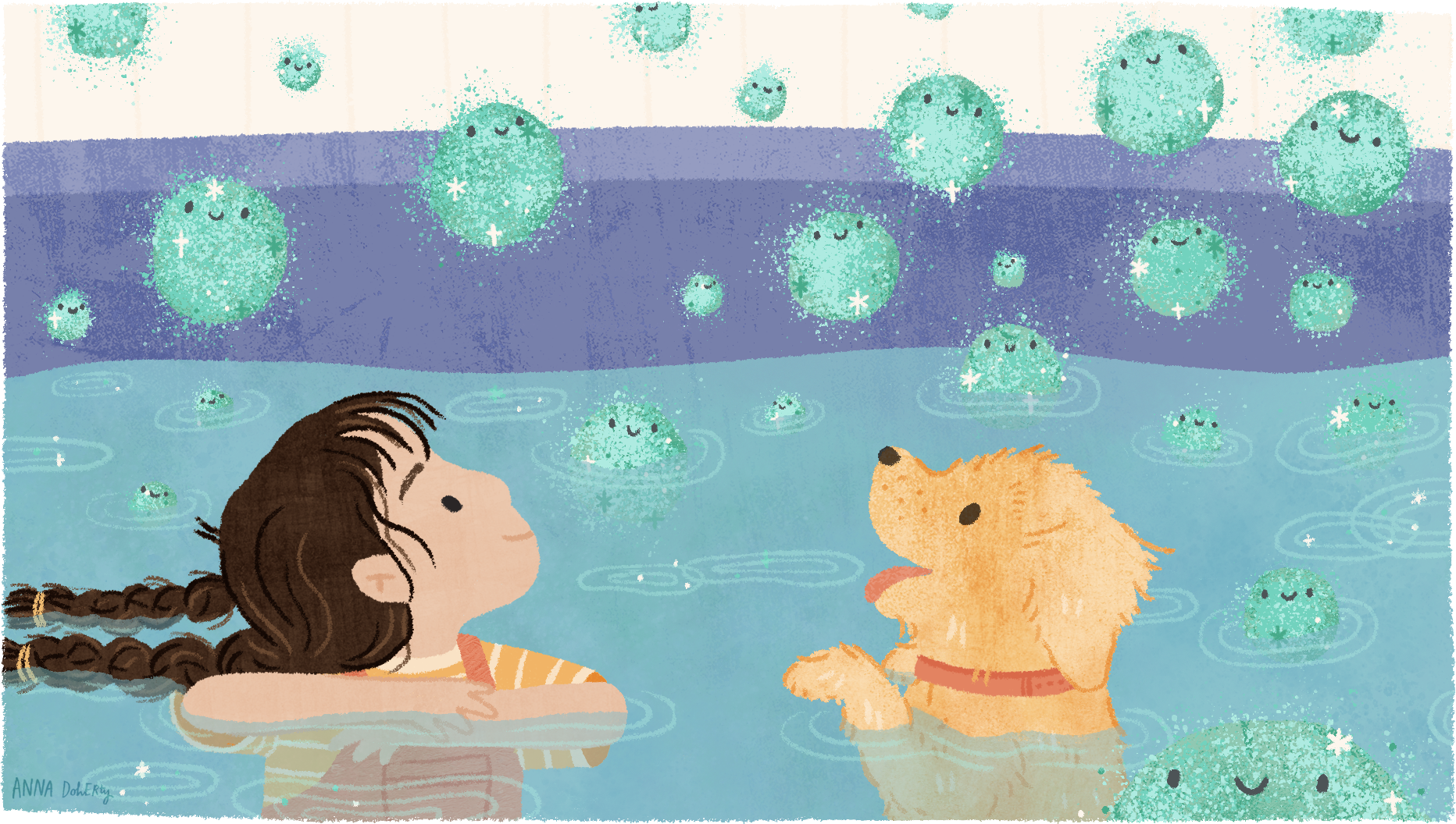 Illustration by Anna Doherty of comic book panels of a girl with braided hair and a dog in a pool, looking at floating, sparkly, smiling chlorine chemicals in the water and above the pool.