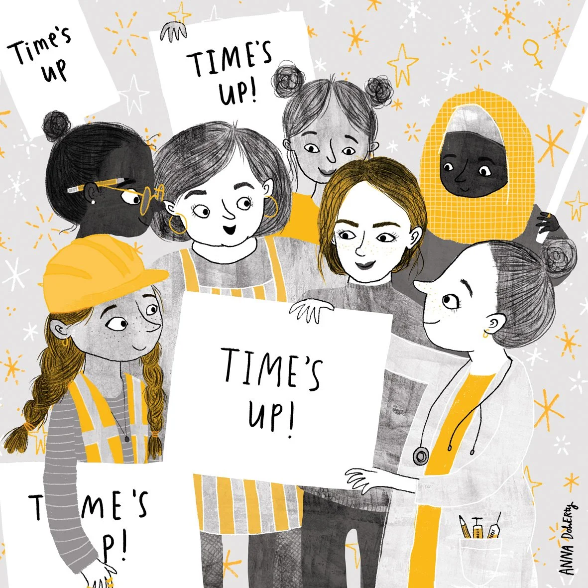 A diverse group of women, some in uniforms and safety vests, holding signs that read "Time's Up!" and celebrating together with a background decorated with stars and sparkles.
