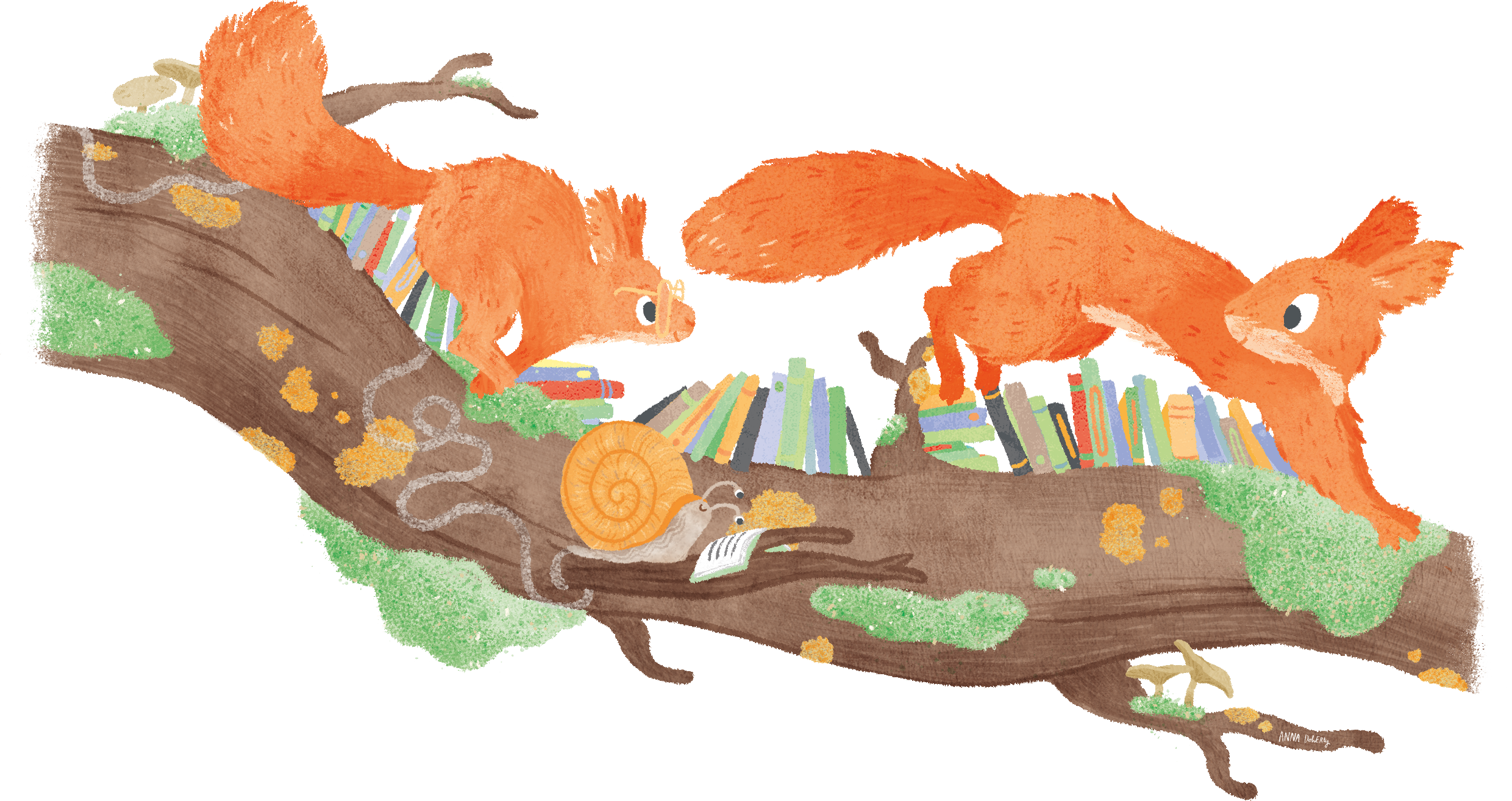 Illustration of a tree trunk with two squirrels, surrounded by books, green moss, and a snail reading a book, all in a whimsical style.