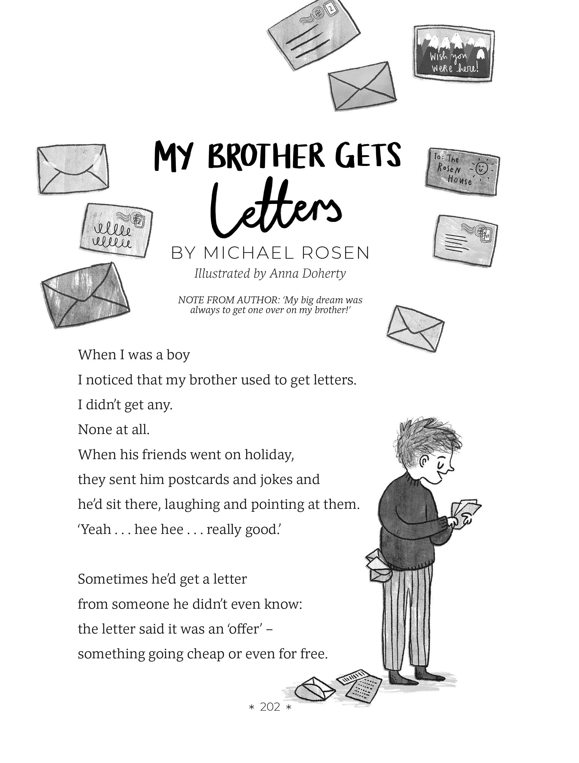Cover page of a book titled "My Brother Gets Letters" by Michael Rosen, illustrated by Anna Doherty. The cover features sketches of postcards and envelopes, and a black-and-white drawing of a boy reading a letter. There are scattered pieces of mail around the boy and on the floor. The background is white with black sketch-style illustrations and text.