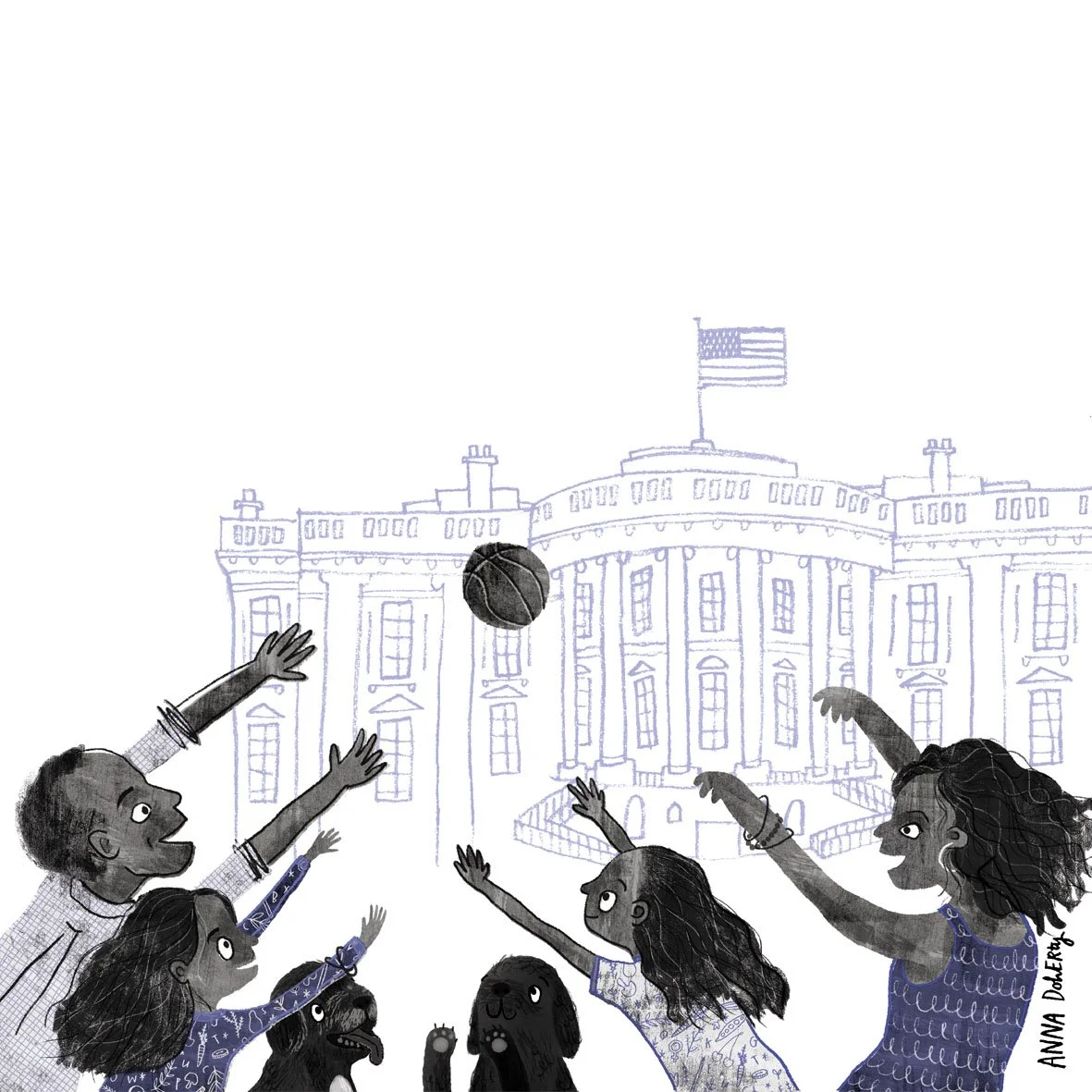 Children and dogs playing basketball in front of the White House, with the American flag on top.