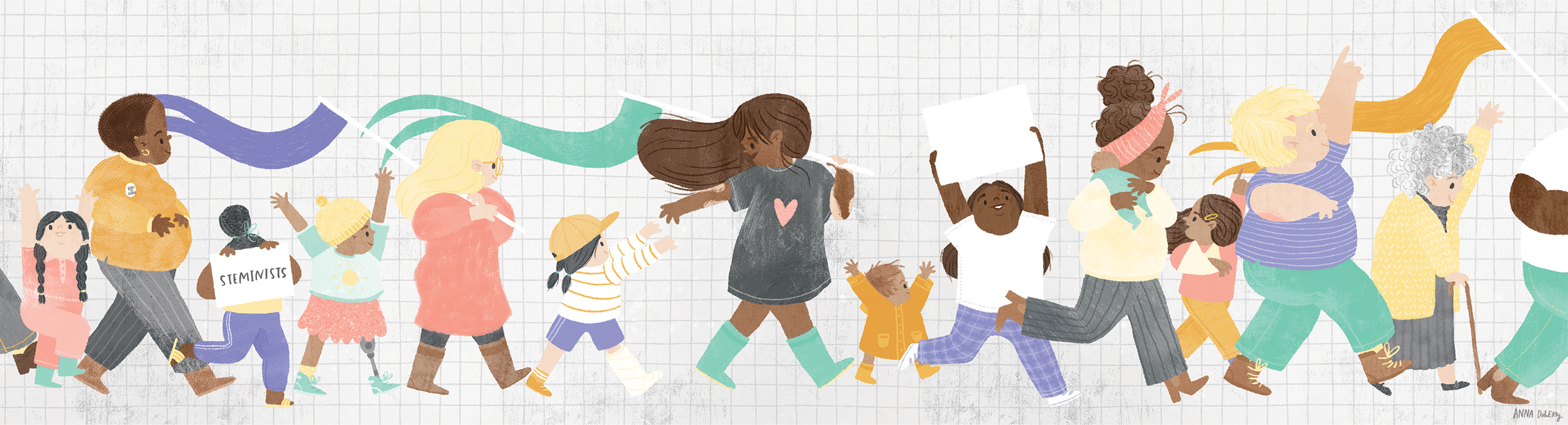 A diverse group of children and women holding signs and walking together in a line, with a grid background and colorful stripes flowing above them.