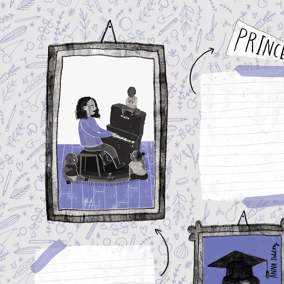 A digital illustration of a woman playing a piano with a child sitting on top of the piano and two small dogs nearby, set inside a framed photo on a notebook cover with decorative doodles and lined space for notes.