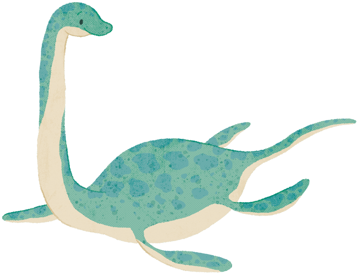 A cartoon dinosaur with a long neck, greenish-blue body with darker spots, and a cream-colored underside, standing with its neck stretched upward.