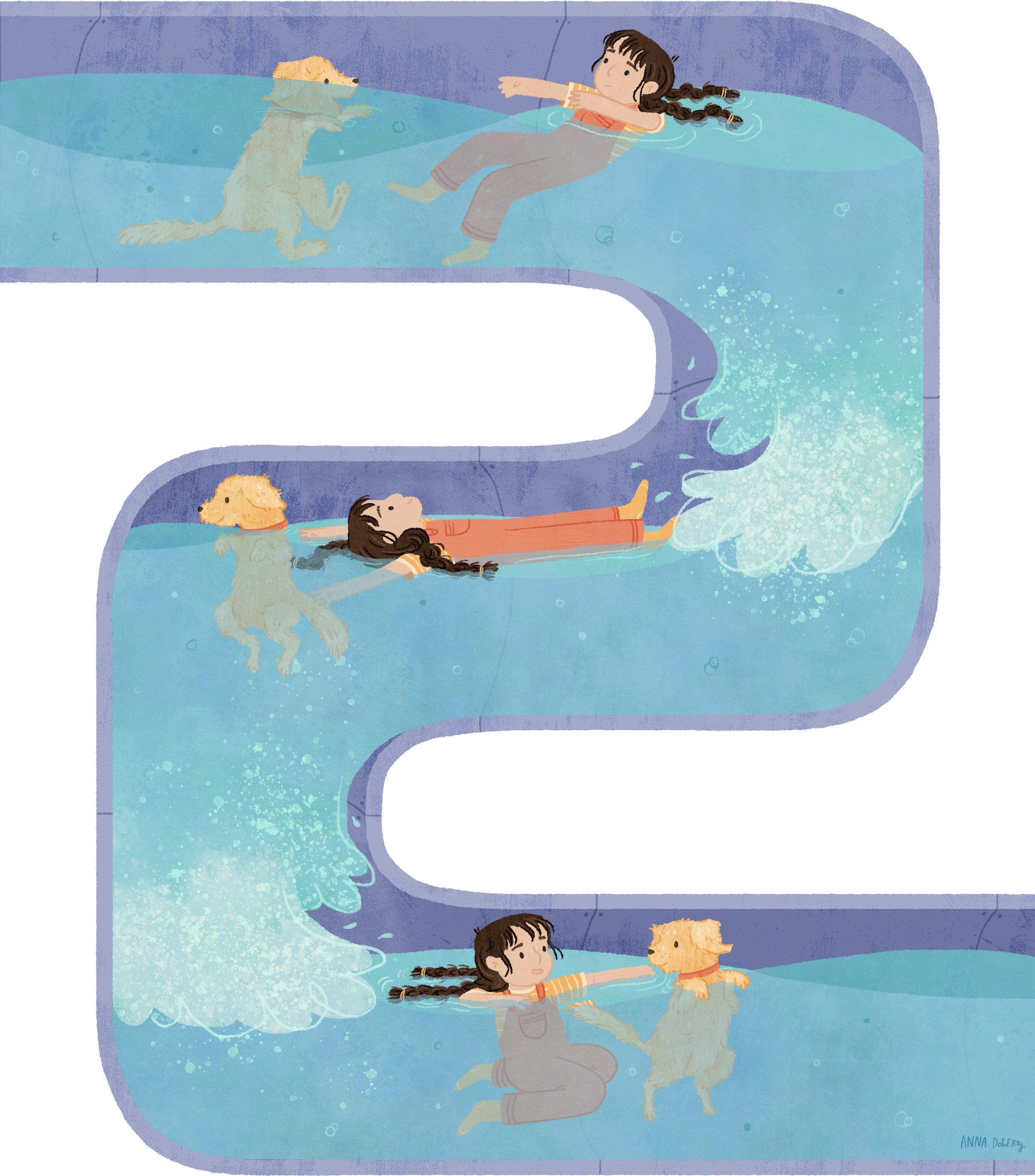Illustration by Anna Doherty of comic book panels of a girl and golden retriever dog floating on wate through pipes.