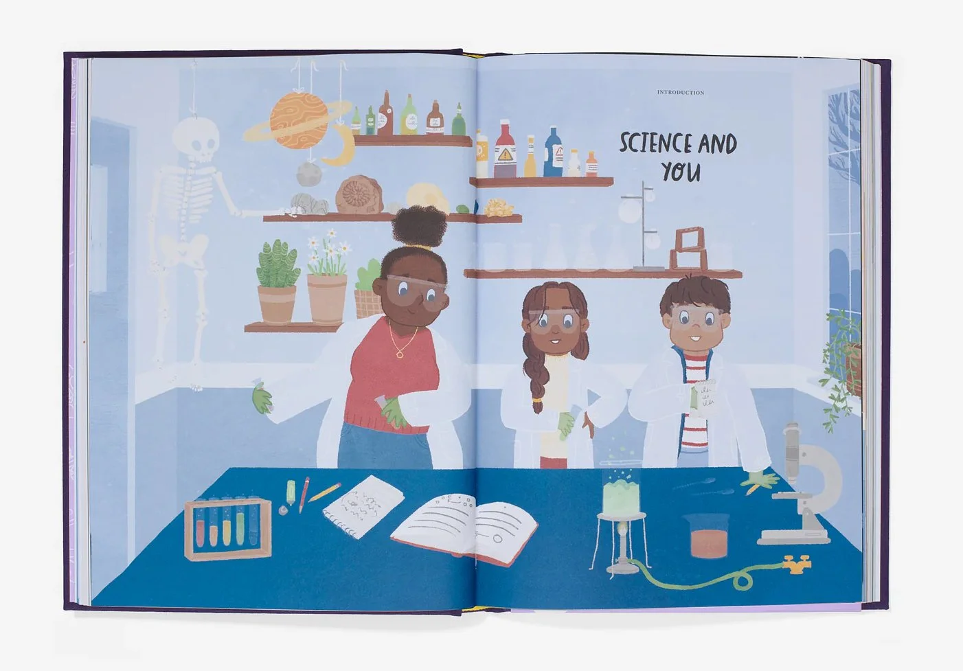 Children conducting science experiments in a classroom with lab equipment, notebooks, and a skeleton model in the background, under the heading "Science and You."