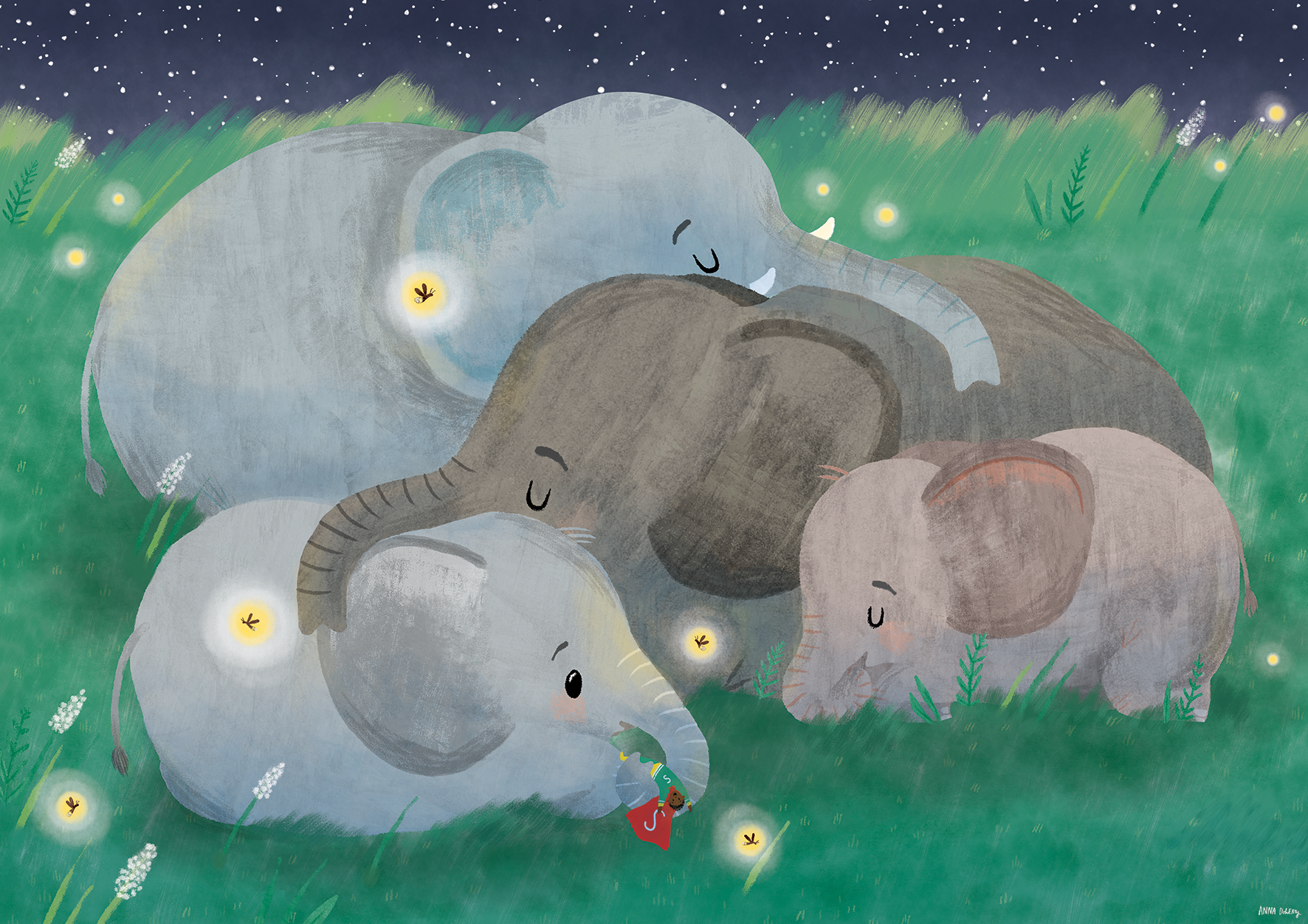 A group of five cute, cartoon-style elephants with closed eyes, laying together on green grass under a starry night sky, surrounded by glowing fireflies and small plants.