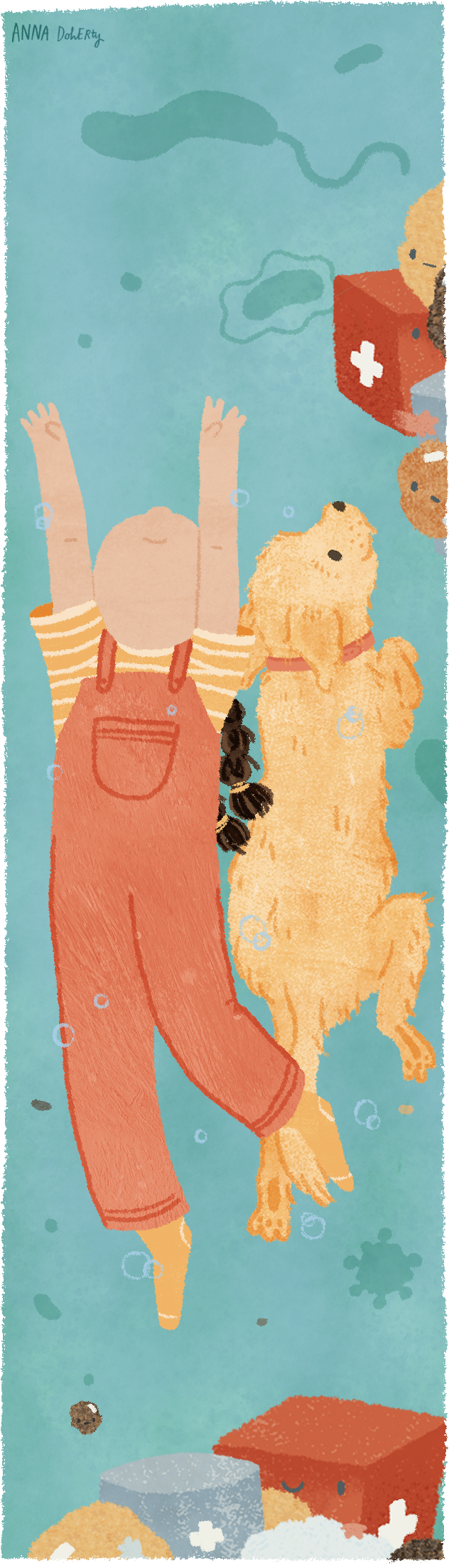 Illustration by Anna Doherty of comic book panels of girl and a dog are swimming underwater with bubbles around.