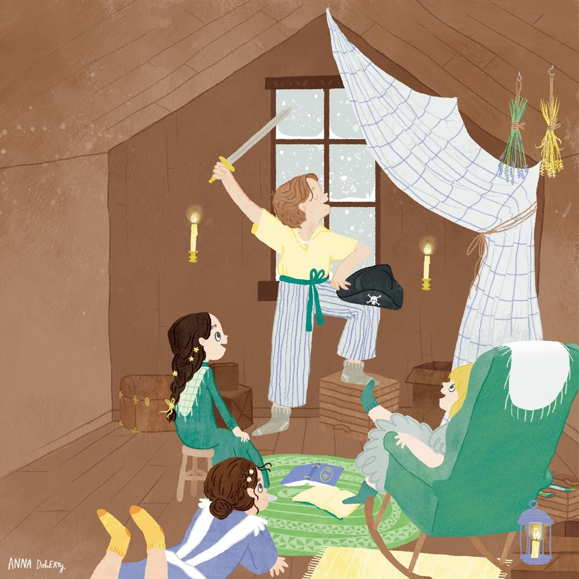 A woman with short curly hair and striped pajamas is holding a sword and a black bag, standing with one foot on a wooden box, in a cozy attic room with snow falling outside the window. Three children are sitting on the floor and chair, looking at her. The room is decorated with hanging candles, drying herbs, and a curtain, creating a magical scene.