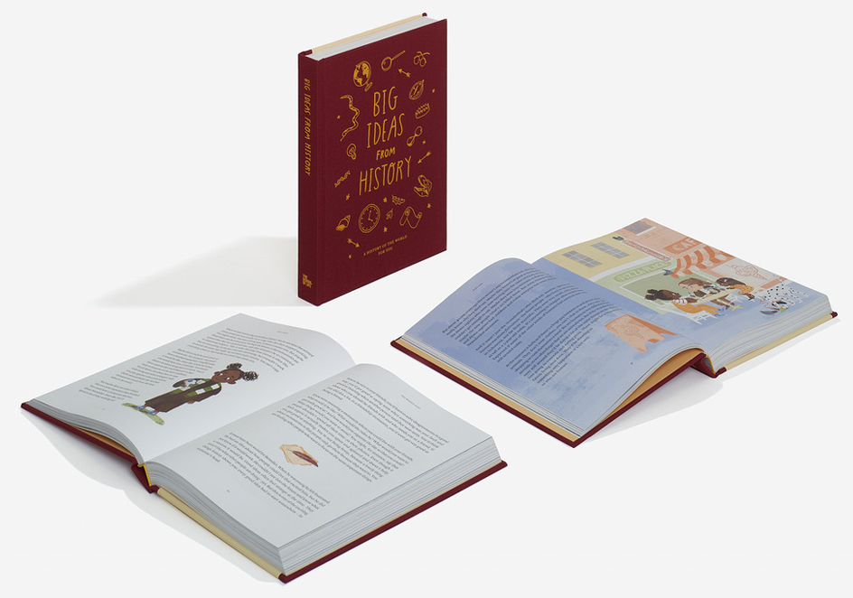 Open books about history and a red book titled "Big Ideas in History" with illustrations of clocks, keys, and other symbols on the cover.