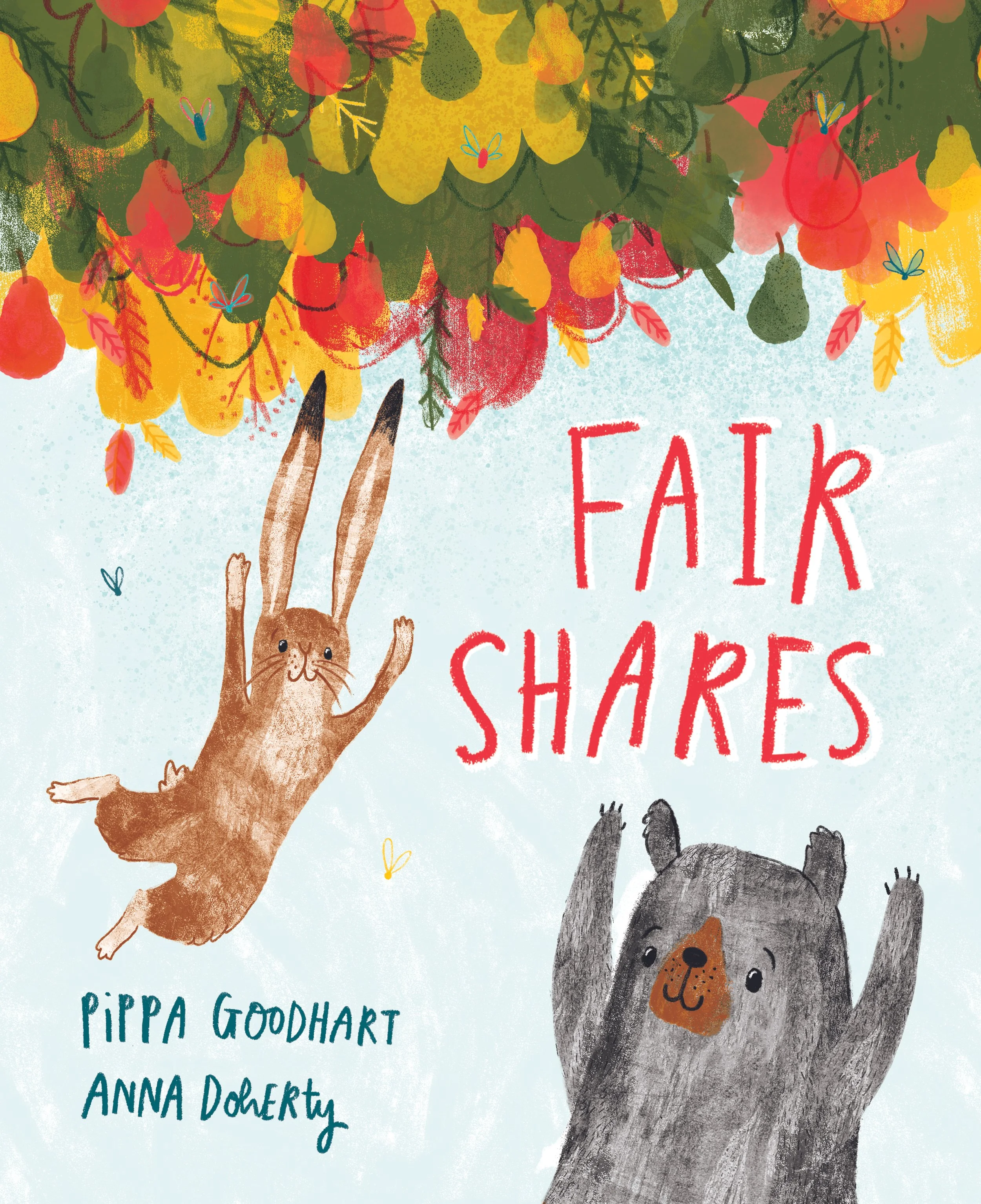 Illustration of a tree with yellow and red pears hanging from its branches, with different small insects such as bees and dragonflies around the pears, and animals including a meerkat and a bear below the tree.
