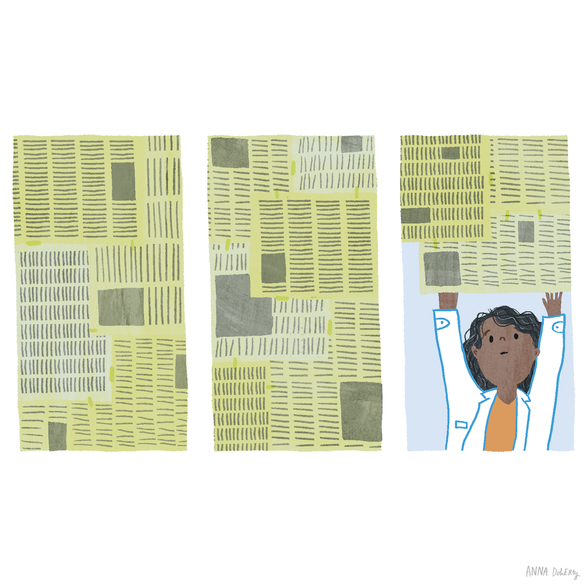 A young woman with curly dark hair, wearing a white coat and orange shirt, reaches up towards large stacks of yellow newspapers or magazines.