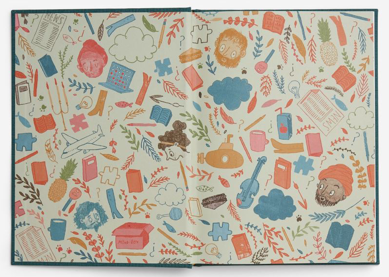 Colorful illustrated pattern on a page featuring books, clouds, leaves, a pineapple, a guitar, a submarine, and cartoon faces.