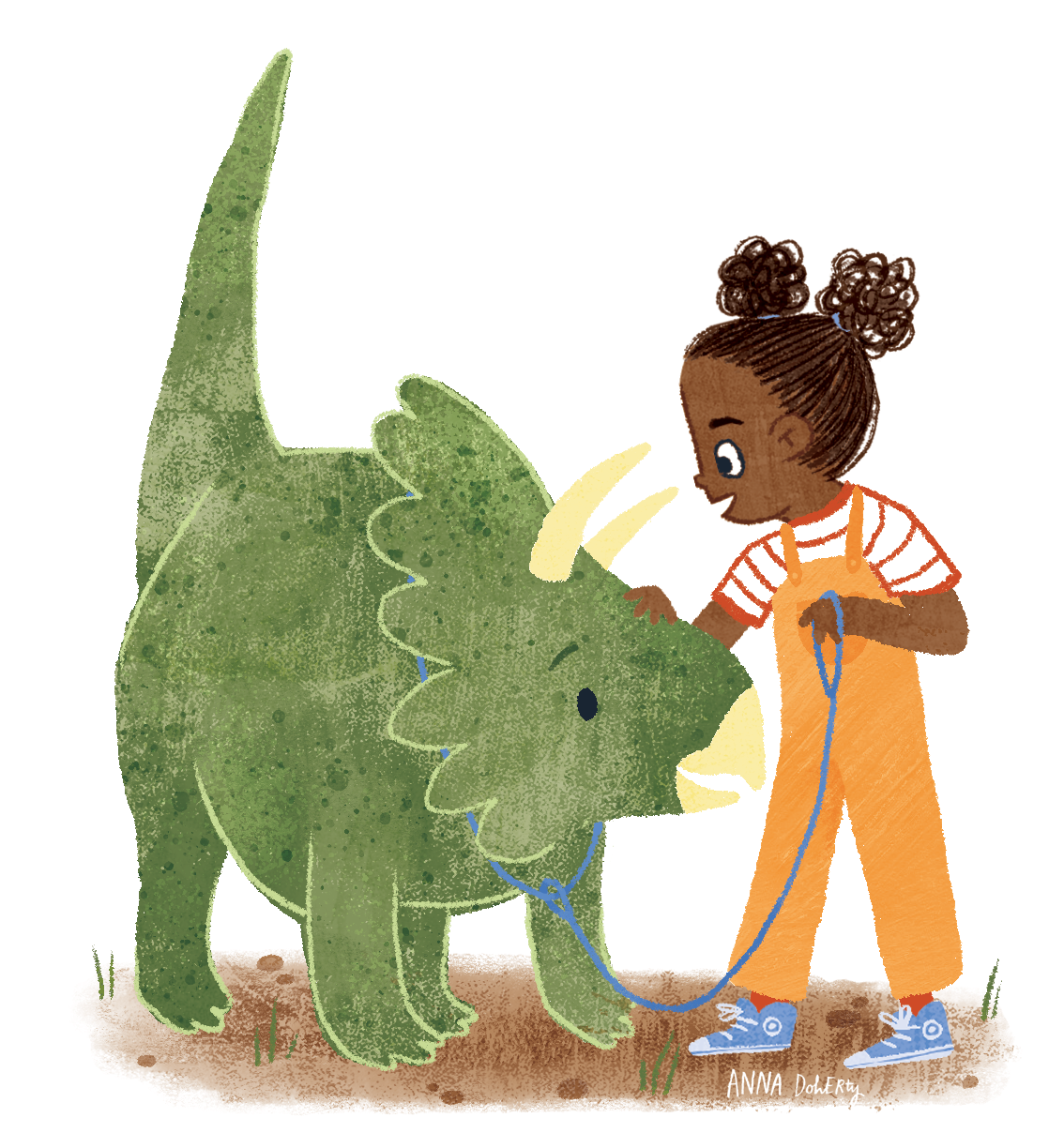 A young girl petting a friendly green cartoon dinosaur on the head, both smiling, outdoors on a patch of dirt and grass.