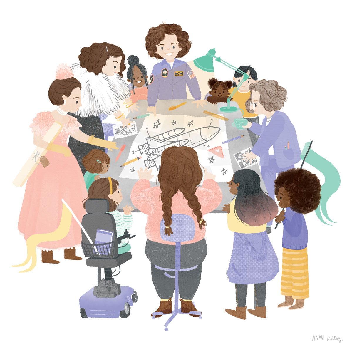 A diverse group of children and adults gathered around a table with a drawing of a spaceship, participating in a space-themed educational activity.