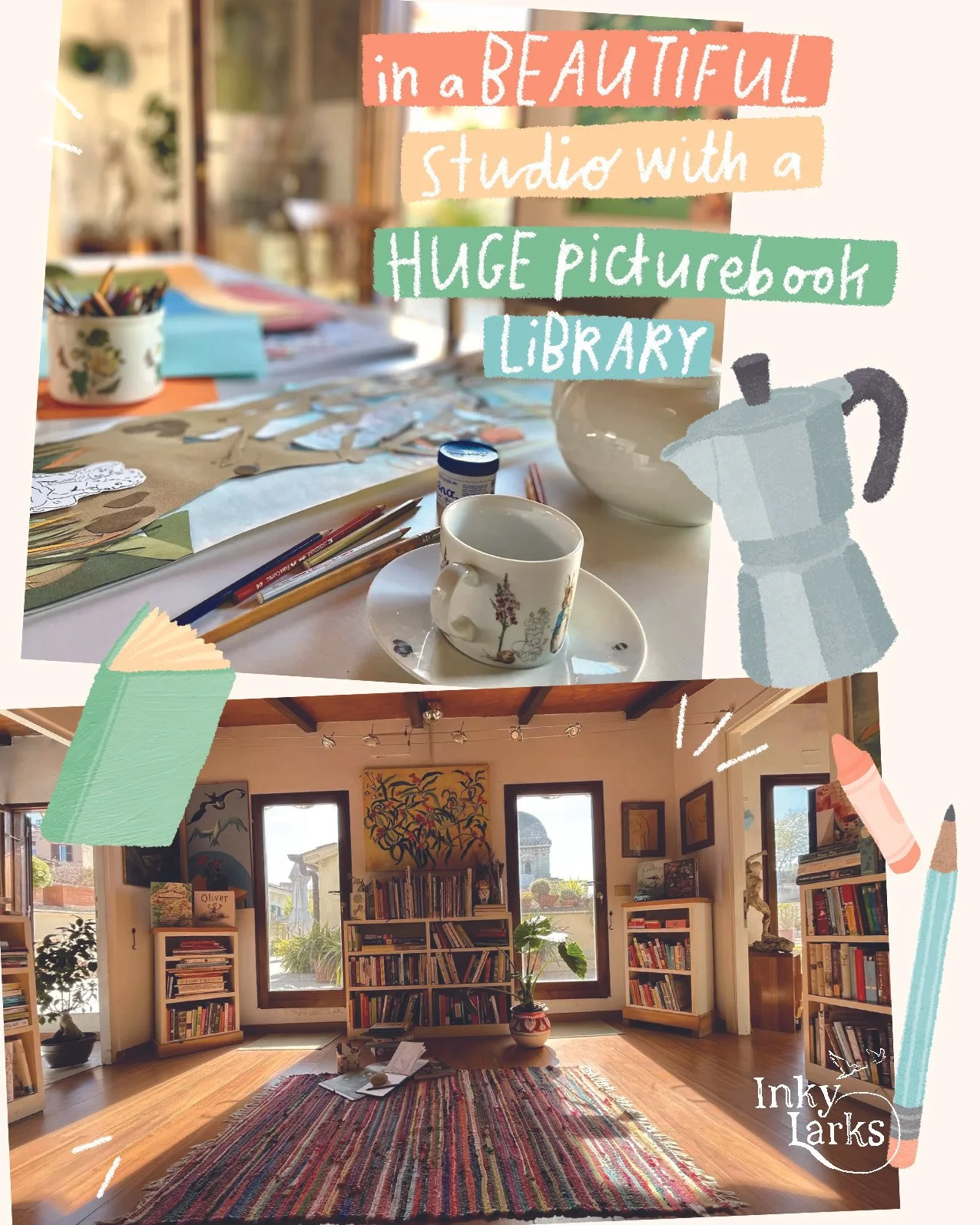 An art studio workspace and a cozy library room with bookshelves, large windows, and artwork, decorated with colorful text and illustrations emphasizing creativity and a large picture book library.