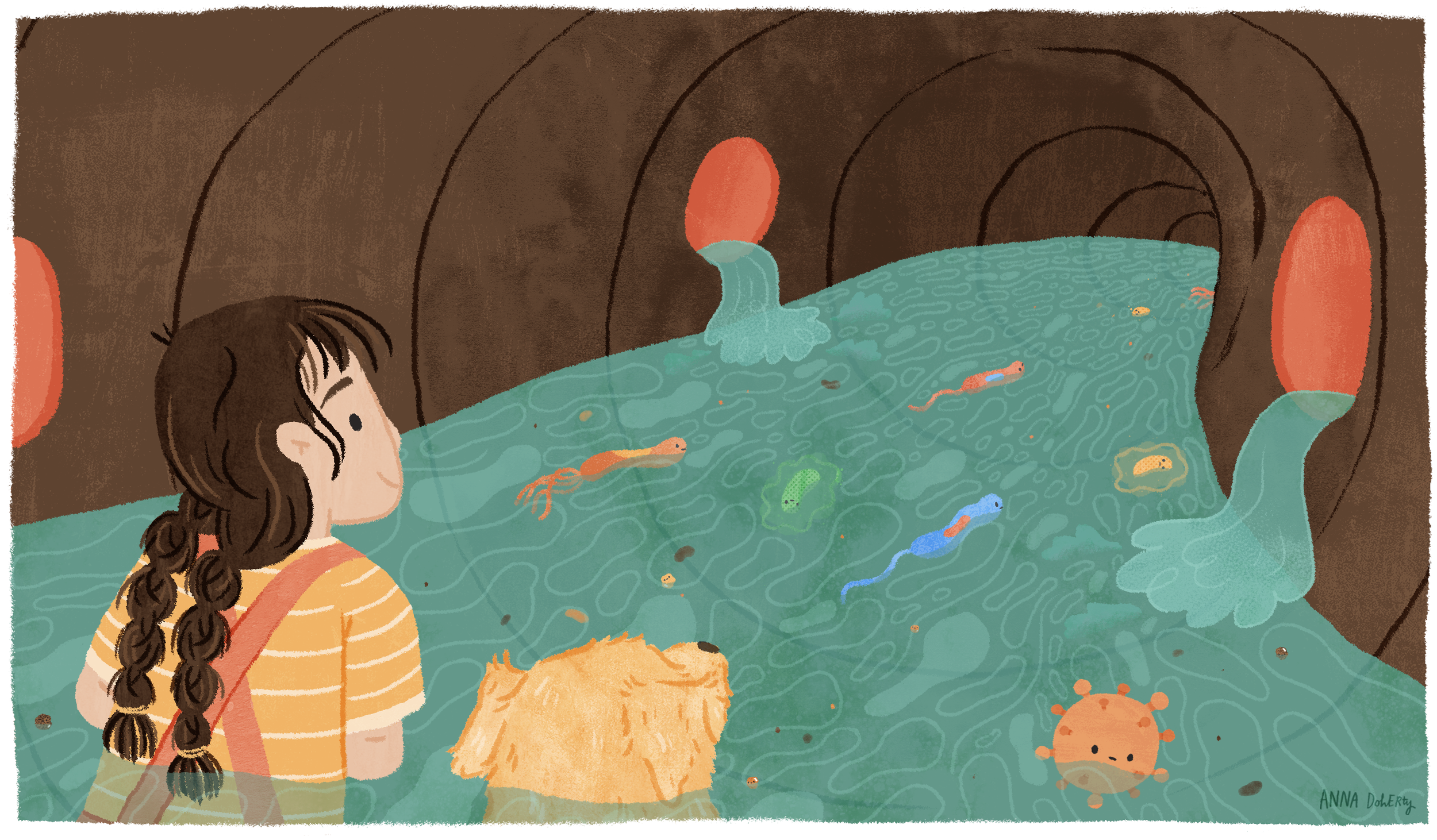 Illustration by Anna Doherty of comic book panels: a young girl with long braided hair and a dog inside a tunnel with water and brown walls.