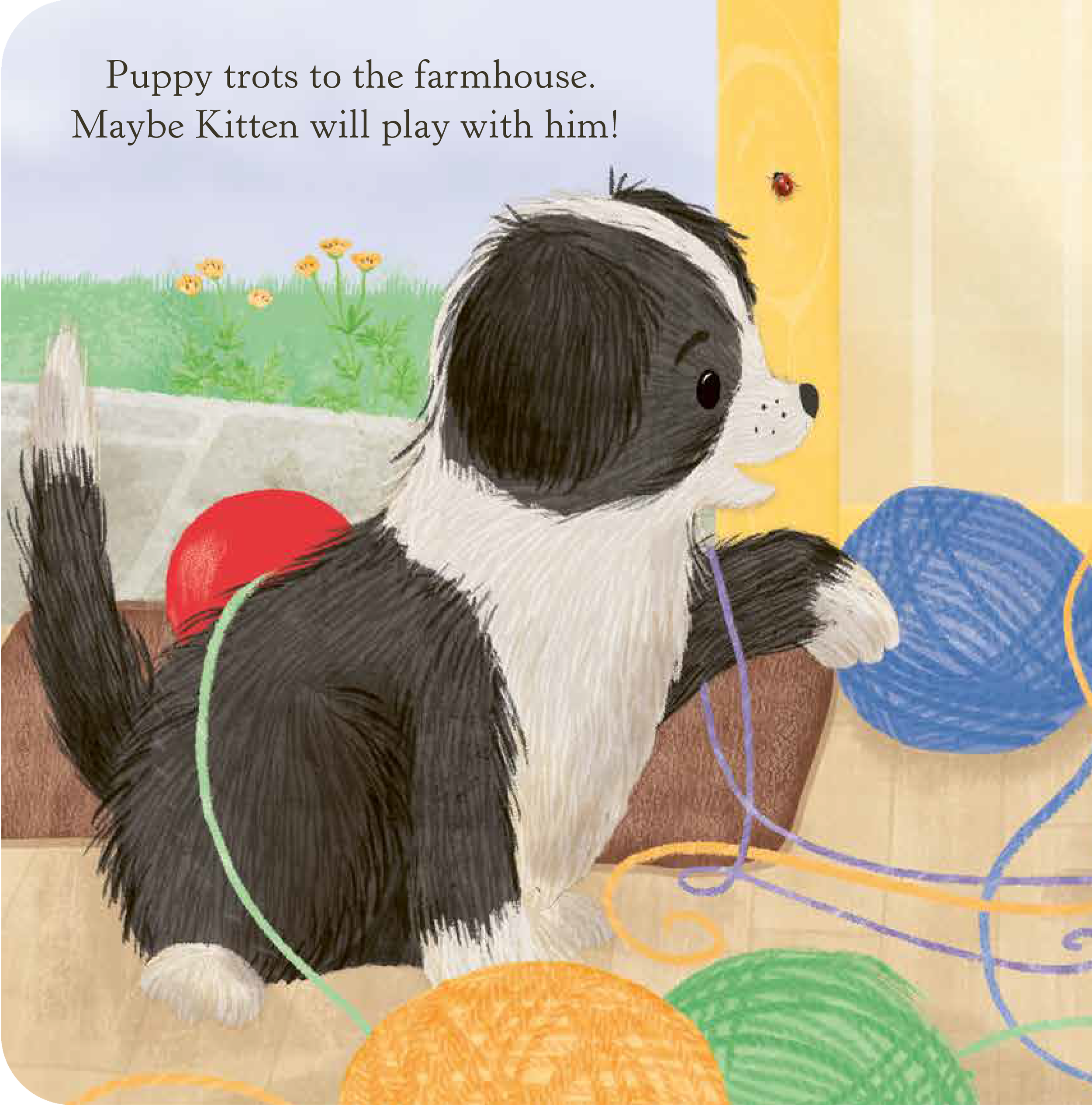 A drawing of a small black and white puppy with a red collar, sitting on the ground. The background features a farm scene with green grass, yellow flowers, and a wooden fence. The image includes colorful string art circles in red, orange, blue, and purple.