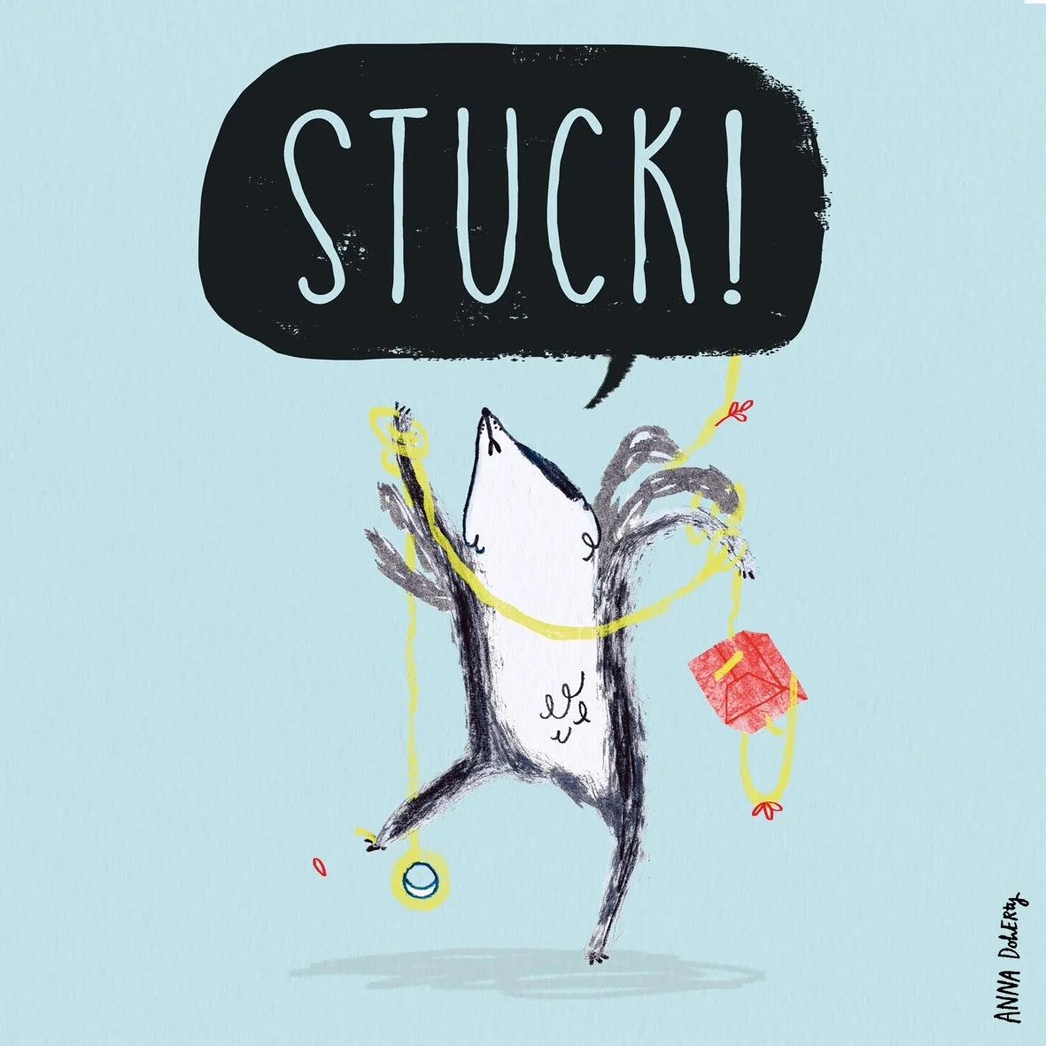 A badger with a speech bubble above its head reading "STUCK!" and surrounded by yellow tape and a red present, set against a light blue background.