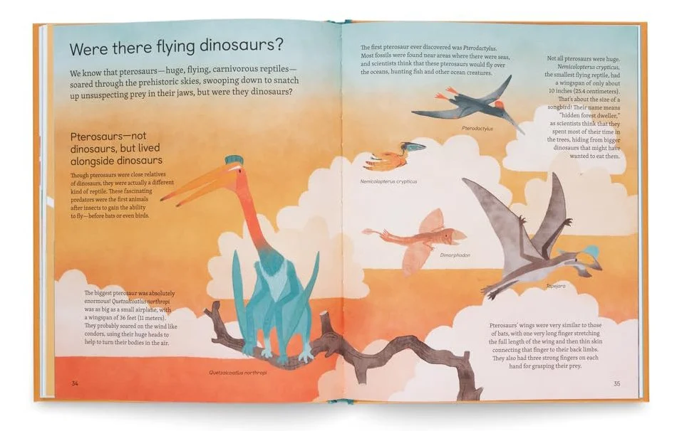 Illustration of flying prehistoric creatures, including pterodactyl, Pteranodon, and Quetzalcoatlus, soaring among clouds against an orange sky.