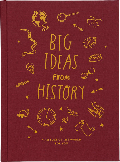 A red book titled 'Big Ideas from History' with yellow sketches of a globe, a key, glasses, a comet, a crown, a shoe, a DNA strand, a clock, and other symbols, and the subtitle 'A History of the World for You'.